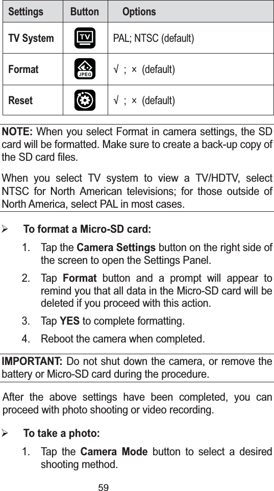 59Settings Button OptionsTV SystemPAL; NTSC (default)Format ɰ; (default)Reset ɰ; (default)NOTE: When you select Format in camera settings, the SD card will be formatted. Make sure to create a back-up copy of the SD card files.When you select TV system to view a TV/HDTV, select NTSC for North American televisions; for those outside of North America, select PAL in most cases.&frac34;To format a Micro-SD card:1. Tap the Camera Settingsbutton on the right side of the screen to open the Settings Panel.2. TapFormatbutton and a prompt will appear to remind you that all data in the Micro-SD card will be deleted if you proceed with this action.3. TapYESto complete formatting.4. Reboot the camera when completed.IMPORTANT: Do not shut down the camera, or remove the battery or Micro-SD card during the procedure.After the above settings have been completed, you can proceed with photo shooting or video recording. &frac34;To take a photo:1. Tap the Camera Modebutton to select a desired shooting method. 
