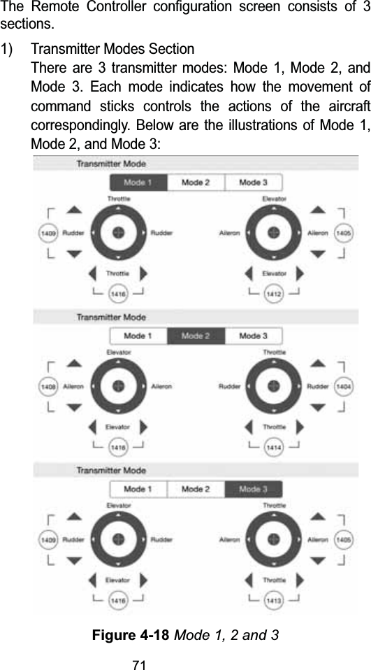 71The Remote Controller configuration screen consists of 3 sections.1) Transmitter Modes SectionThere are 3 transmitter modes: Mode 1, Mode 2, and Mode 3. Each mode indicates how the movement of command sticks controls the actions of the aircraft correspondingly. Below are the illustrations of Mode 1, Mode 2, and Mode 3:Figure 4-18 Mode 1, 2 and 3