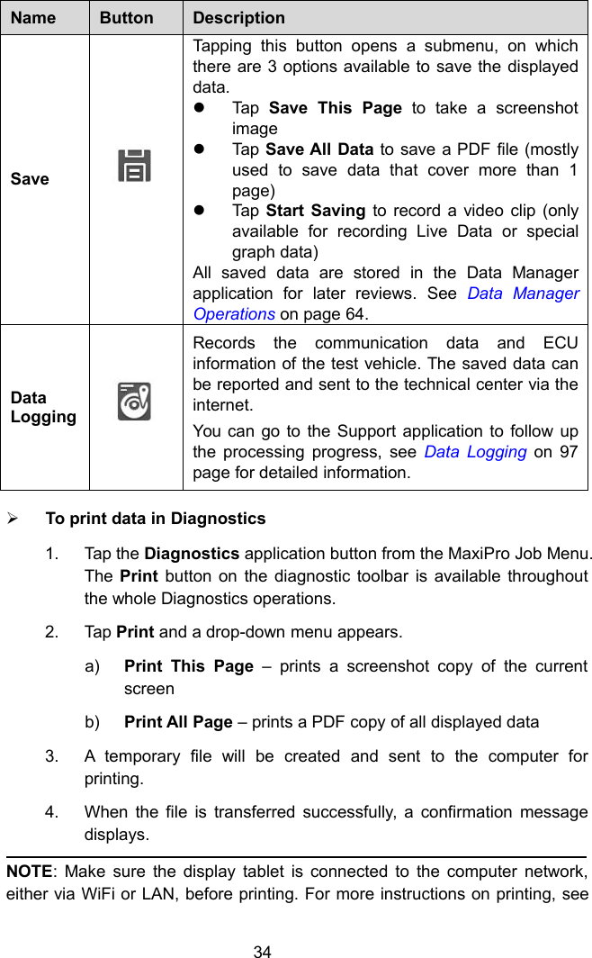 34NameButtonDescriptionSaveTapping this button opens a submenu, on whichthere are 3 options available to save the displayeddata.Tap Save This Page to take a screenshotimageTap Save All Data to save a PDF file (mostlyused to save data that cover more than 1page)Tap Start Saving to record a video clip (onlyavailable for recording Live Data or specialgraph data)All saved data are stored in the Data Managerapplication for later reviews. See Data ManagerOperations on page 64.DataLoggingRecords the communication data and ECUinformation of the test vehicle. The saved data canbe reported and sent to the technical center via theinternet.You can go to the Support application to follow upthe processing progress, see Data Logging on 97page for detailed information.To print data in Diagnostics1. Tap the Diagnostics application button from the MaxiPro Job Menu.The Print button on the diagnostic toolbar is available throughoutthe whole Diagnostics operations.2. Tap Print and a drop-down menu appears.a) Print This Page &ndash; prints a screenshot copy of the currentscreenb) Print All Page &ndash; prints a PDF copy of all displayed data3. A temporary file will be created and sent to the computer forprinting.4. When the file is transferred successfully, a confirmation messagedisplays.NOTE: Make sure the display tablet is connected to the computer network,either via WiFi or LAN, before printing. For more instructions on printing, see