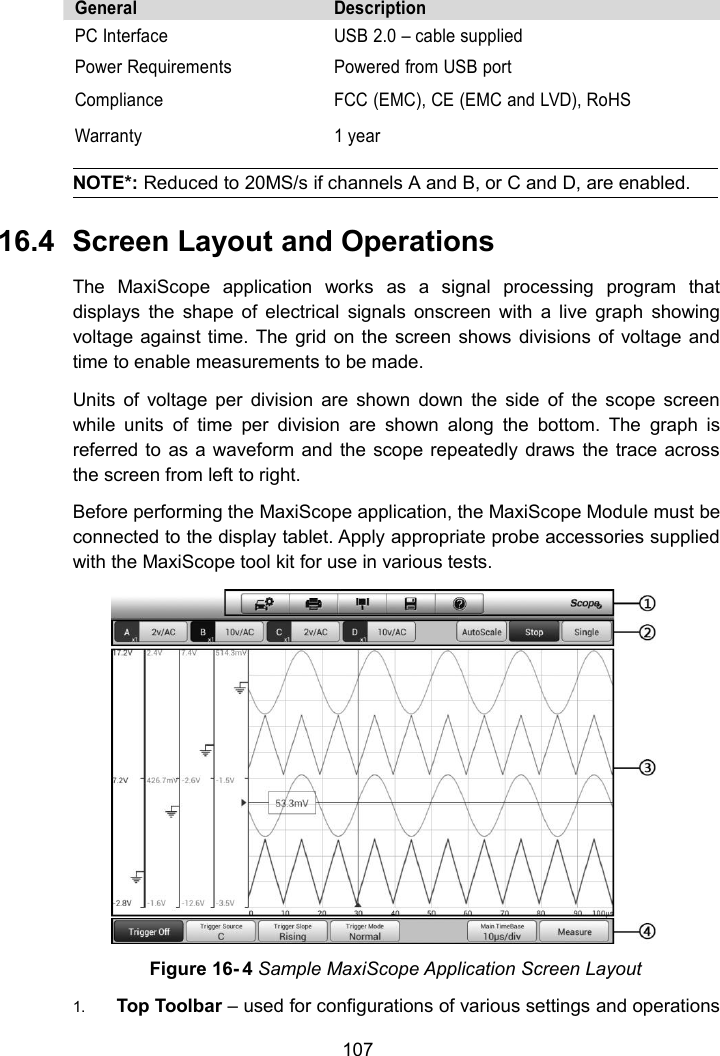 107GeneralDescriptionPC InterfaceUSB 2.0 &ndash; cable suppliedPower RequirementsPowered from USB portComplianceFCC (EMC), CE (EMC and LVD), RoHSWarranty1 yearNOTE*: Reduced to 20MS/s if channels A and B, or C and D, are enabled.16.4 Screen Layout and OperationsThe MaxiScope application works as a signal processing program thatdisplays the shape of electrical signals onscreen with a live graph showingvoltage against time. The grid on the screen shows divisions of voltage andtime to enable measurements to be made.Units of voltage per division are shown down the side of the scope screenwhile units of time per division are shown along the bottom. The graph isreferred to as a waveform and the scope repeatedly draws the trace acrossthe screen from left to right.Before performing the MaxiScope application, the MaxiScope Module must beconnected to the display tablet. Apply appropriate probe accessories suppliedwith the MaxiScope tool kit for use in various tests.Figure 16- 4 Sample MaxiScope Application Screen Layout1. Top Toolbar &ndash; used for configurations of various settings and operations