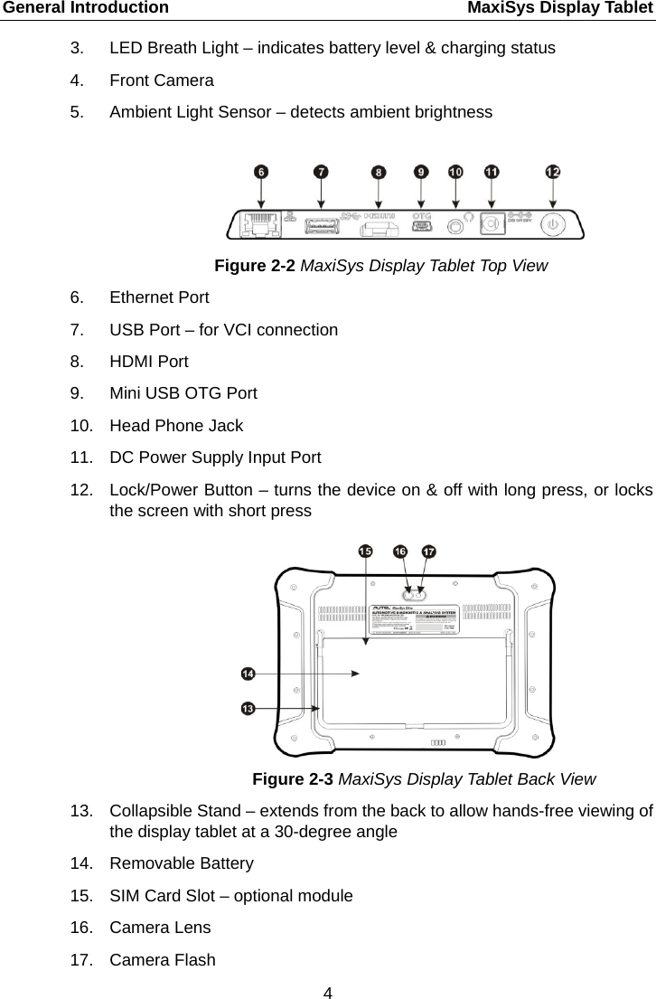 General Introduction    MaxiSys Display Tablet 3.  LED Breath Light &ndash; indicates battery level &amp; charging status 4.  Front Camera 5.  Ambient Light Sensor &ndash; detects ambient brightness Figure 2-2 MaxiSys Display Tablet Top View 6. Ethernet Port 7. USB Port &ndash; for VCI connection 8. HDMI Port 9. Mini USB OTG Port 10. Head Phone Jack 11. DC Power Supply Input Port 12. Lock/Power Button &ndash; turns the device on &amp; off with long press, or locks the screen with short press Figure 2-3 MaxiSys Display Tablet Back View 13. Collapsible Stand &ndash; extends from the back to allow hands-free viewing of the display tablet at a 30-degree angle 14. Removable Battery 15. SIM Card Slot &ndash; optional module 16. Camera Lens 17. Camera Flash 4  