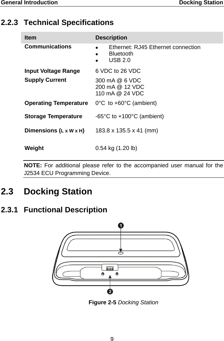 General Introduction    Docking Station 2.2.3 Technical Specifications Item Description Communications  Ethernet: RJ45 Ethernet connection  Bluetooth  USB 2.0 Input Voltage Range 6 VDC to 26 VDC Supply Current 300 mA @ 6 VDC 200 mA @ 12 VDC 110 mA @ 24 VDC Operating Temperature 0&deg;C to +60&deg;C (ambient) Storage Temperature -65&deg;C to +100&deg;C (ambient) Dimensions (L x W x H) 183.8 x 135.5 x 41 (mm) Weight 0.54 kg (1.20 lb) NOTE: For additional please refer to the accompanied user manual for the J2534 ECU Programming Device. 2.3 Docking Station 2.3.1 Functional Description Figure 2-5 Docking Station   9  