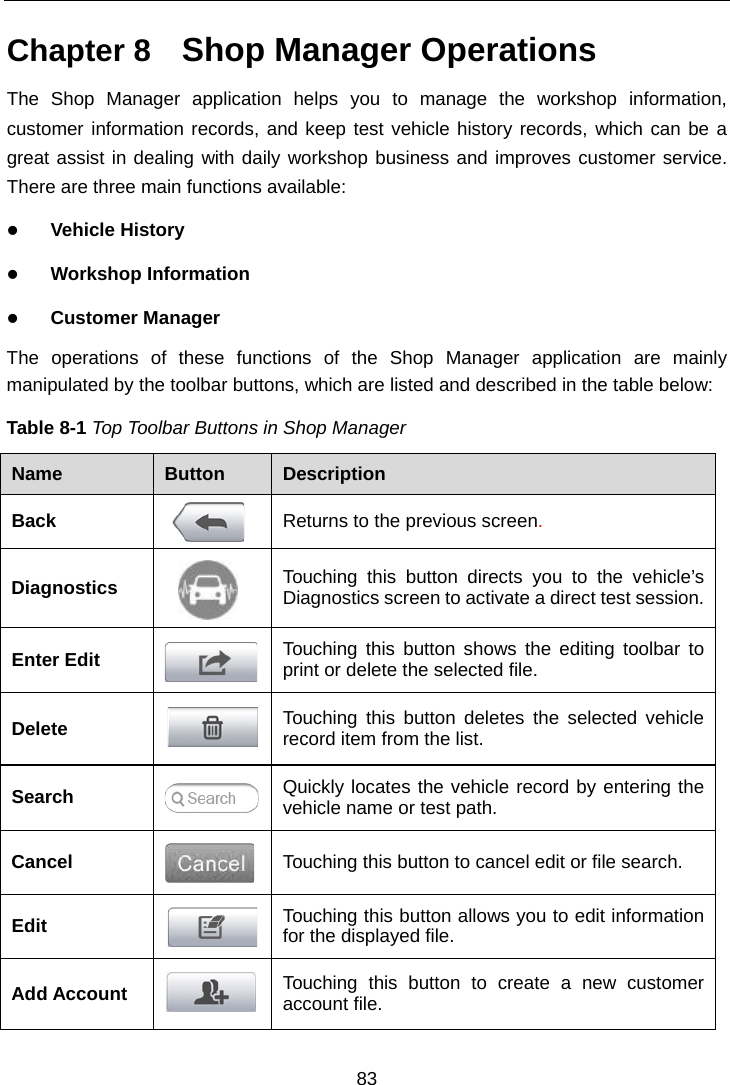    Chapter 8   Shop Manager Operations The Shop Manager application helps you to manage the workshop information, customer information records, and keep test vehicle history records, which can be a great assist in dealing with daily workshop business and improves customer service. There are three main functions available:  Vehicle History  Workshop Information  Customer Manager The operations of these  functions  of the Shop Manager application are mainly manipulated by the toolbar buttons, which are listed and described in the table below: Table 8-1 Top Toolbar Buttons in Shop Manager Name  Button  Description Back  Returns to the previous screen.   Diagnostics  Touching this button directs you to the vehicle&rsquo;s Diagnostics screen to activate a direct test session. Enter Edit  Touching this button shows the editing toolbar to print or delete the selected file. Delete  Touching this button deletes the selected vehicle record item from the list. Search  Quickly locates the vehicle record by entering the vehicle name or test path. Cancel  Touching this button to cancel edit or file search. Edit  Touching this button allows you to edit information for the displayed file. Add Account  Touching this button to create a new customer account file. 83  