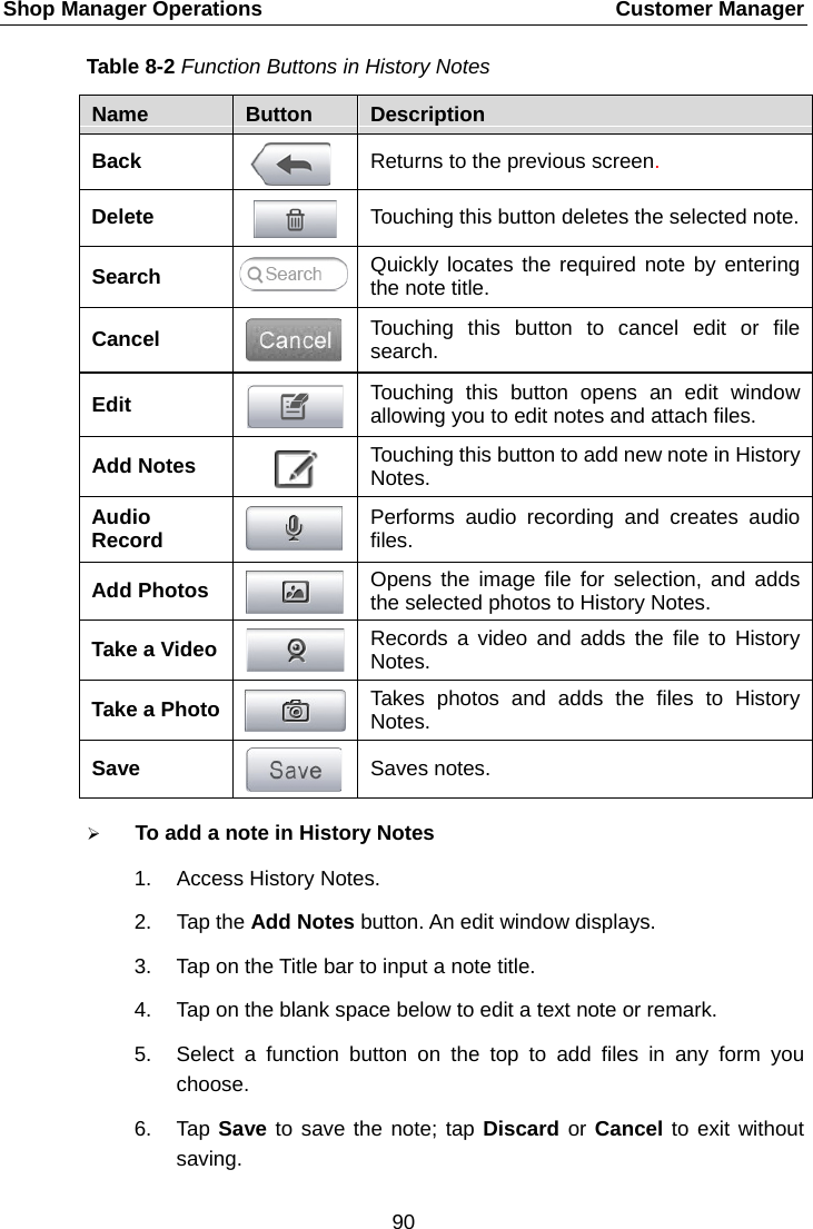 Shop Manager Operations    Customer Manager Table 8-2 Function Buttons in History Notes Name  Button  Description Back  Returns to the previous screen.   Delete  Touching this button deletes the selected note. Search  Quickly locates the required note by entering the note title. Cancel  Touching this button to cancel edit or file search. Edit  Touching this button opens an edit window allowing you to edit notes and attach files. Add Notes  Touching this button to add new note in History Notes. Audio Record  Performs audio recording and creates audio files. Add Photos  Opens the image file for selection, and adds the selected photos to History Notes. Take a Video  Records a video and adds the file to History Notes. Take a Photo  Takes photos and adds the files to History Notes. Save  Saves notes.  To add a note in History Notes 1. Access History Notes. 2. Tap the Add Notes button. An edit window displays. 3. Tap on the Title bar to input a note title. 4. Tap on the blank space below to edit a text note or remark. 5. Select a function button on the top to add files in any form you choose. 6. Tap Save to save the note; tap Discard or Cancel to exit without saving. 90  