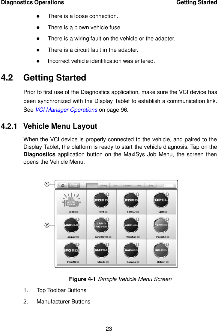 Diagnostics Operations     Getting Started 23   There is a loose connection.  There is a blown vehicle fuse.  There is a wiring fault on the vehicle or the adapter.  There is a circuit fault in the adapter.  Incorrect vehicle identification was entered. 4.2  Getting Started Prior to first use of the Diagnostics application, make sure the VCI device has been synchronized with the Display Tablet to establish a communication link. See VCI Manager Operations on page 96. 4.2.1  Vehicle Menu Layout When the VCI device is properly connected to the vehicle, and paired to the Display Tablet, the platform is ready to start the vehicle diagnosis. Tap on the Diagnostics application button on the MaxiSys Job Menu, the screen then opens the Vehicle Menu. Figure 4-1 Sample Vehicle Menu Screen 1.  Top Toolbar Buttons 2.  Manufacturer Buttons  