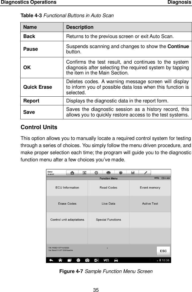 Diagnostics Operations      Diagnosis 35  Table 4-3 Functional Buttons in Auto Scan Name Description Back Returns to the previous screen or exit Auto Scan. Pause Suspends scanning and changes to show the Continue button. OK Confirms  the  test  result,  and  continues  to  the  system diagnosis after selecting the required system by tapping the item in the Main Section. Quick Erase Deletes codes. A warning message screen will display to inform you of possible data loss when this function is selected. Report Displays the diagnostic data in the report form. Save Saves  the diagnostic session  as a  history record,  this allows you to quickly restore access to the test systems. Control Units This option allows you to manually locate a required control system for testing through a series of choices. You simply follow the menu driven procedure, and make proper selection each time; the program will guide you to the diagnostic function menu after a few choices you&rsquo;ve made. Figure 4-7 Sample Function Menu Screen 