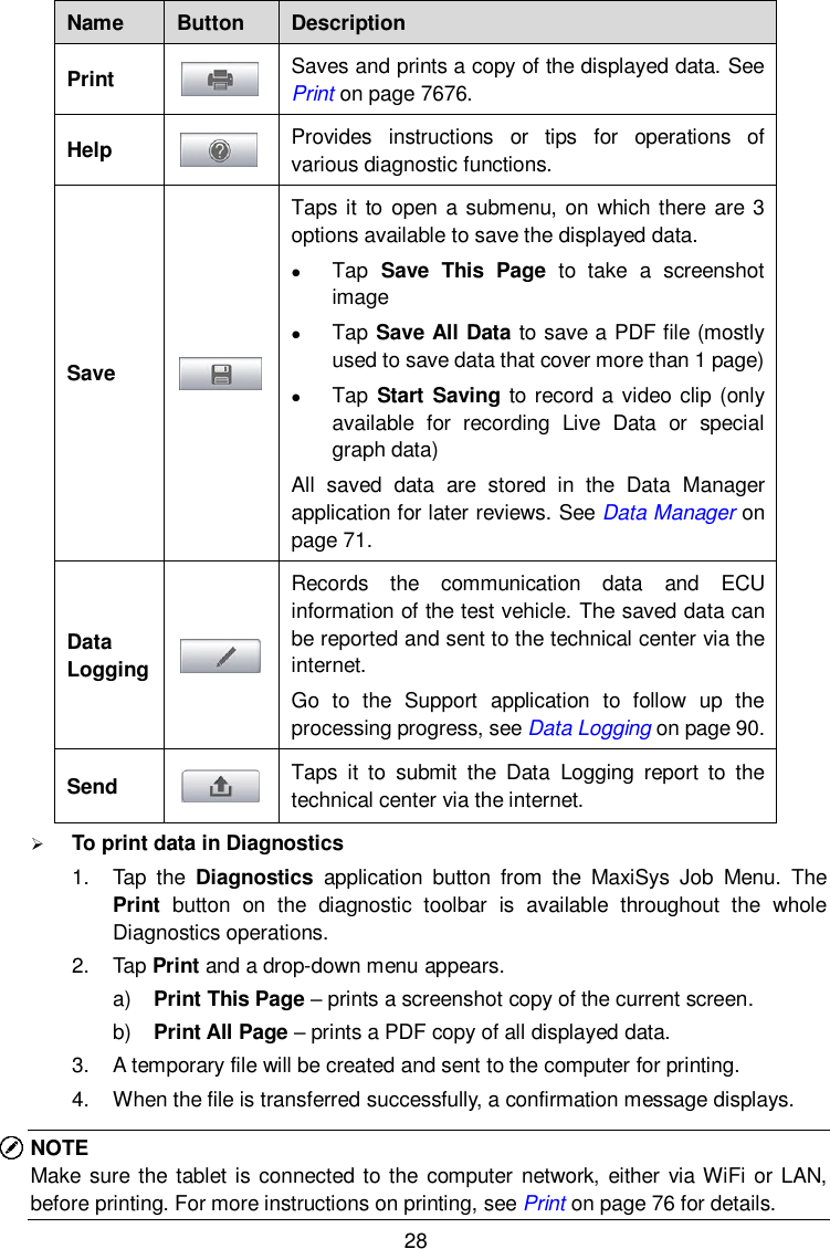  28 Name Button Description Print  Saves and prints a copy of the displayed data. See Print on page 7676. Help  Provides  instructions  or  tips  for  operations  of various diagnostic functions. Save  Taps it to open a submenu, on which there are 3 options available to save the displayed data.  Tap  Save  This  Page to  take  a  screenshot image  Tap Save All Data to save a PDF file (mostly used to save data that cover more than 1 page)  Tap Start Saving to record a video clip (only available  for  recording  Live  Data  or  special graph data) All  saved  data  are  stored  in  the  Data  Manager application for later reviews. See Data Manager on page 71. Data Logging  Records  the  communication  data  and  ECU information of the test vehicle. The saved data can be reported and sent to the technical center via the internet.   Go  to  the  Support  application  to  follow  up  the processing progress, see Data Logging on page 90. Send  Taps  it  to  submit  the  Data  Logging  report  to  the technical center via the internet.  To print data in Diagnostics 1.  Tap  the  Diagnostics  application  button  from  the  MaxiSys  Job  Menu.  The Print  button  on  the  diagnostic  toolbar  is  available  throughout  the  whole Diagnostics operations. 2.  Tap Print and a drop-down menu appears. a) Print This Page &ndash; prints a screenshot copy of the current screen. b) Print All Page &ndash; prints a PDF copy of all displayed data. 3. A temporary file will be created and sent to the computer for printing. 4.  When the file is transferred successfully, a confirmation message displays. NOTE Make  sure the tablet is connected to the computer network, either via WiFi or LAN, before printing. For more instructions on printing, see Print on page 76 for details. 