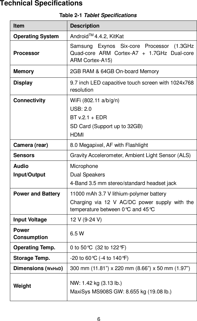 6 Technical Specifications Table 2-1 Tablet Specifications Item Description Operating System  AndroidTM 4.4.2, KitKat Processor Samsung  Exynos  Six-core  Processor  (1.3GHz Quad-core  ARM  Cortex-A7  +  1.7GHz  Dual-core ARM Cortex-A15)   Memory 2GB RAM &amp; 64GB On-board Memory Display 9.7 inch LED capacitive touch screen with 1024x768 resolution Connectivity  WiFi (802.11 a/b/g/n) USB: 2.0 BT v.2.1 + EDR SD Card (Support up to 32GB) HDMI Camera (rear) 8.0 Megapixel, AF with Flashlight Sensors  Gravity Accelerometer, Ambient Light Sensor (ALS) Audio   Input/Output Microphone Dual Speakers 4-Band 3.5 mm stereo/standard headset jack Power and Battery 11000 mAh 3.7 V lithium-polymer battery Charging  via  12  V  AC/DC  power  supply  with  the temperature between 0&deg;C and 45&deg;C Input Voltage 12 V (9-24 V) Power Consumption 6.5 W Operating Temp. 0 to 50&deg;C (32 to 122&deg;F) Storage Temp. -20 to 60&deg;C (-4 to 140&deg;F) Dimensions (WxHxD) 300 mm (11.81&rdquo;) x 220 mm (8.66&rdquo;) x 50 mm (1.97&rdquo;) Weight NW: 1.42 kg (3.13 lb.) MaxiSys MS908S GW: 8.655 kg (19.08 lb.)