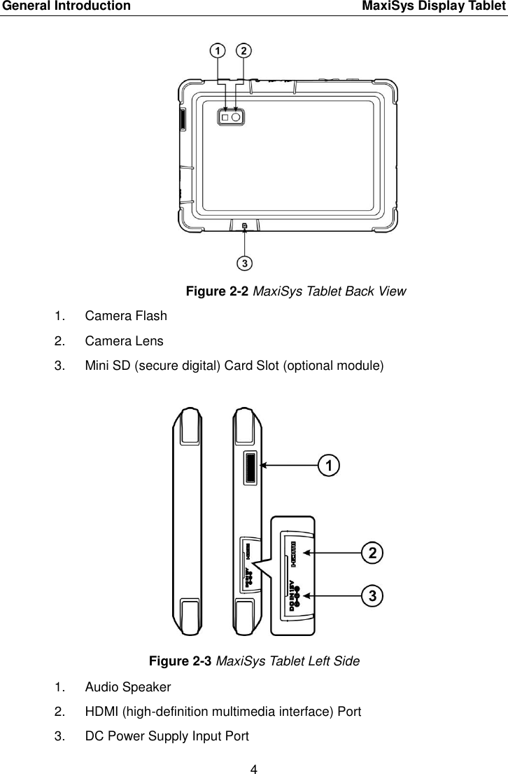 General Introduction    MaxiSys Display Tablet 4  Figure 2-2 MaxiSys Tablet Back View 1.  Camera Flash 2.  Camera Lens 3.  Mini SD (secure digital) Card Slot (optional module) Figure 2-3 MaxiSys Tablet Left Side 1.  Audio Speaker 2.  HDMI (high-definition multimedia interface) Port 3.  DC Power Supply Input Port 