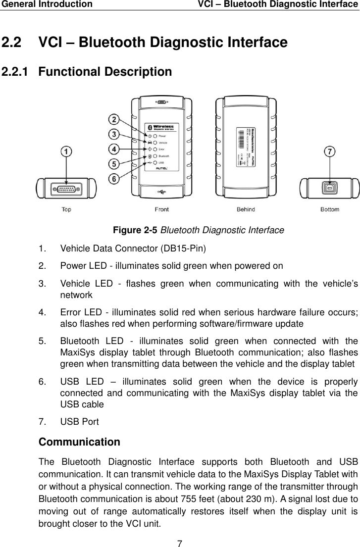 General Introduction    VCI &ndash; Bluetooth Diagnostic Interface 7  2.2  VCI &ndash; Bluetooth Diagnostic Interface 2.2.1  Functional Description Figure 2-5 Bluetooth Diagnostic Interface 1.  Vehicle Data Connector (DB15-Pin) 2.  Power LED - illuminates solid green when powered on 3.  Vehicle  LED  -  flashes  green  when  communicating  with  the  vehicle&rsquo;s network 4.  Error LED - illuminates solid red when serious hardware failure occurs; also flashes red when performing software/firmware update 5.  Bluetooth  LED  -  illuminates  solid  green  when  connected  with  the MaxiSys  display  tablet  through  Bluetooth  communication;  also  flashes green when transmitting data between the vehicle and the display tablet 6.  USB  LED  &ndash;  illuminates  solid  green  when  the  device  is  properly connected  and communicating with  the  MaxiSys  display  tablet  via  the USB cable 7.  USB Port Communication The  Bluetooth  Diagnostic  Interface  supports  both  Bluetooth  and  USB communication. It can transmit vehicle data to the MaxiSys Display Tablet with or without a physical connection. The working range of the transmitter through Bluetooth communication is about 755 feet (about 230 m). A signal lost due to moving  out  of  range  automatically  restores  itself  when  the  display  unit  is brought closer to the VCI unit.