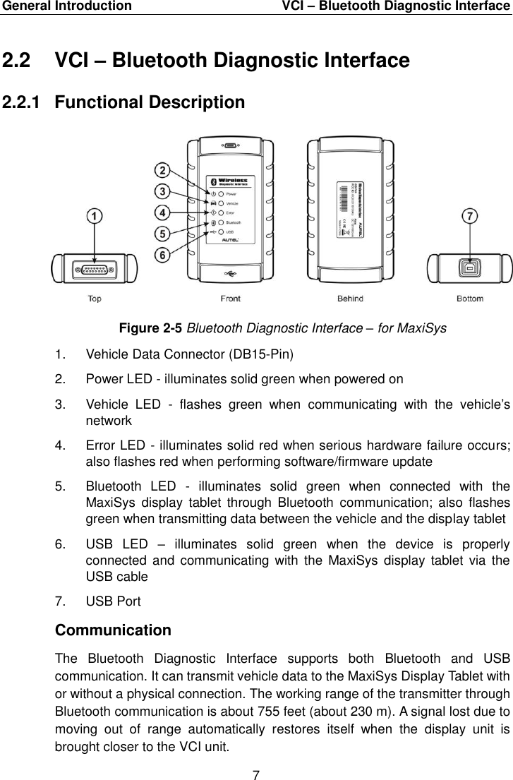 General Introduction    VCI &ndash; Bluetooth Diagnostic Interface 7  2.2  VCI &ndash; Bluetooth Diagnostic Interface 2.2.1  Functional Description Figure 2-5 Bluetooth Diagnostic Interface &ndash; for MaxiSys 1.  Vehicle Data Connector (DB15-Pin) 2.  Power LED - illuminates solid green when powered on 3.  Vehicle  LED  -  flashes  green  when  communicating  with  the  vehicle&rsquo;s network 4.  Error LED - illuminates solid red when serious hardware failure occurs; also flashes red when performing software/firmware update 5.  Bluetooth  LED  -  illuminates  solid  green  when  connected  with  the MaxiSys  display  tablet  through  Bluetooth  communication;  also  flashes green when transmitting data between the vehicle and the display tablet 6.  USB  LED  &ndash;  illuminates  solid  green  when  the  device  is  properly connected  and communicating with  the  MaxiSys  display  tablet  via  the USB cable 7.  USB Port Communication The  Bluetooth  Diagnostic  Interface  supports  both  Bluetooth  and  USB communication. It can transmit vehicle data to the MaxiSys Display Tablet with or without a physical connection. The working range of the transmitter through Bluetooth communication is about 755 feet (about 230 m). A signal lost due to moving  out  of  range  automatically  restores  itself  when  the  display  unit  is brought closer to the VCI unit. 