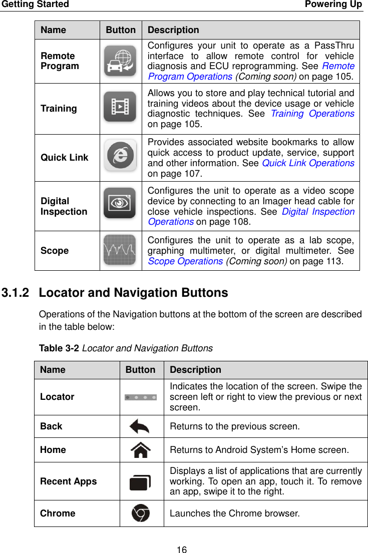 Getting Started    Powering Up 16  Name Button Description Remote Program  Configures  your  unit  to  operate  as  a  PassThru interface  to  allow  remote  control  for  vehicle diagnosis and ECU reprogramming. See Remote Program Operations (Coming soon) on page 105. Training  Allows you to store and play technical tutorial and training videos about the device usage or vehicle diagnostic  techniques.  See  Training  Operations on page 105. Quick Link  Provides associated website bookmarks to allow quick access to product update, service, support and other information. See Quick Link Operations on page 107. Digital Inspection  Configures the unit to  operate as a video scope device by connecting to an Imager head cable for close  vehicle inspections.  See  Digital Inspection Operations on page 108. Scope  Configures  the  unit  to  operate  as  a  lab  scope, graphing  multimeter,  or  digital  multimeter.  See Scope Operations (Coming soon) on page 113. 3.1.2  Locator and Navigation Buttons Operations of the Navigation buttons at the bottom of the screen are described in the table below: Table 3-2 Locator and Navigation Buttons Name Button Description Locator  Indicates the location of the screen. Swipe the screen left or right to view the previous or next screen. Back  Returns to the previous screen.  Home  Returns to Android System&rsquo;s Home screen. Recent Apps  Displays a list of applications that are currently working. To open an app, touch it. To remove an app, swipe it to the right. Chrome  Launches the Chrome browser. 