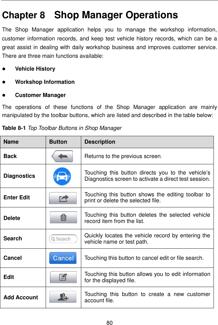    80  Chapter 8    Shop Manager Operations The  Shop  Manager  application  helps  you  to  manage  the  workshop  information, customer information records, and keep test vehicle history records, which can be a great assist in dealing with daily workshop business and improves customer service. There are three main functions available:  Vehicle History  Workshop Information  Customer Manager The  operations  of  these  functions  of  the  Shop  Manager  application  are  mainly manipulated by the toolbar buttons, which are listed and described in the table below: Table 8-1 Top Toolbar Buttons in Shop Manager Name Button Description Back  Returns to the previous screen.   Diagnostics  Touching  this  button  directs  you  to  the  vehicle&rsquo;s Diagnostics screen to activate a direct test session. Enter Edit  Touching  this  button shows  the  editing  toolbar  to print or delete the selected file. Delete  Touching  this  button  deletes  the  selected  vehicle record item from the list. Search  Quickly locates the vehicle record by entering the vehicle name or test path. Cancel  Touching this button to cancel edit or file search. Edit  Touching this button allows you to edit information for the displayed file. Add Account  Touching  this  button  to  create  a  new  customer account file. 