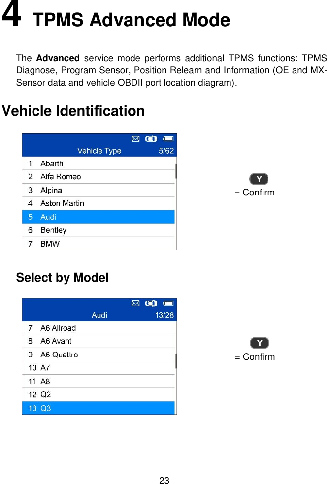  23  4   TPMS Advanced Mode The  Advanced  service mode  performs  additional  TPMS functions:  TPMS Diagnose, Program Sensor, Position Relearn and Information (OE and MX-Sensor data and vehicle OBDII port location diagram). Vehicle Identification  = Confirm Select by Model  = Confirm   