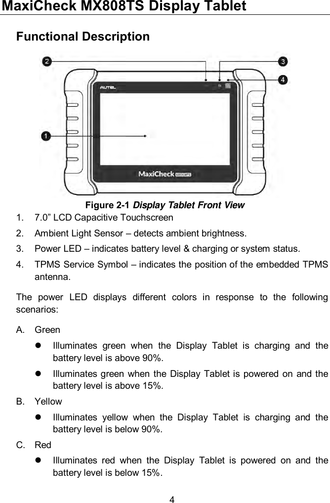  4 MaxiCheck MX808TS Display Tablet Functional Description 1.  7.0&rdquo; LCD Capacitive Touchscreen 2.  Ambient Light Sensor &ndash; detects ambient brightness.   3.  Power LED &ndash; indicates battery level &amp; charging or system status.   4.  TPMS Service Symbol &ndash; indicates the position of the embedded TPMS antenna. The  power  LED  displays  different  colors  in  response  to  the  following scenarios: A.  Green   Illuminates  green  when  the  Display  Tablet  is  charging  and  the battery level is above 90%.     Illuminates green when the  Display Tablet is powered on and the battery level is above 15%. B.  Yellow   Illuminates  yellow  when  the  Display  Tablet  is  charging  and  the battery level is below 90%.   C.  Red   Illuminates  red  when  the  Display  Tablet  is  powered  on  and  the battery level is below 15%. Figure 2-1 Display Tablet Front View 