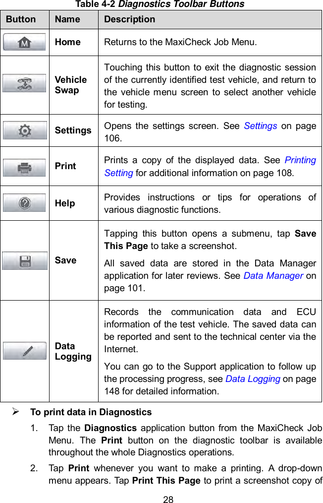  28 Table 4-2 Diagnostics Toolbar Buttons Button Name Description  Home Returns to the MaxiCheck Job Menu.  Vehicle Swap Touching this button  to exit the  diagnostic session of the currently identified test vehicle, and return to the  vehicle menu  screen  to  select  another  vehicle for testing.  Settings Opens the  settings  screen.  See  Settings  on  page 106.  Print Prints  a  copy  of  the  displayed  data.  See  Printing Setting for additional information on page 108.  Help Provides  instructions  or  tips  for  operations  of various diagnostic functions.  Save Tapping  this  button  opens  a  submenu,  tap  Save This Page to take a screenshot. All  saved  data  are  stored  in  the  Data  Manager application for later reviews. See Data Manager on page 101.  Data Logging Records  the  communication  data  and  ECU information of the test vehicle. The saved data can be reported and sent to the technical center via the Internet. You can go to the Support application to follow up the processing progress, see Data Logging on page 148 for detailed information.  To print data in Diagnostics 1.  Tap the  Diagnostics  application  button from  the  MaxiCheck  Job Menu.  The  Print  button  on  the  diagnostic  toolbar  is  available throughout the whole Diagnostics operations. 2.  Tap  Print  whenever  you  want  to  make  a  printing.  A  drop-down menu appears. Tap Print This Page to print a screenshot copy of 