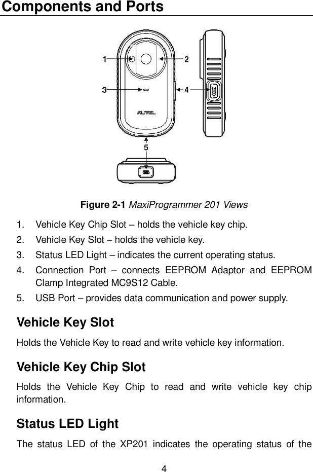 4  Components and Ports  Figure 2-1 MaxiProgrammer 201 Views 1.  Vehicle Key Chip Slot &ndash; holds the vehicle key chip. 2.  Vehicle Key Slot &ndash; holds the vehicle key. 3.  Status LED Light &ndash; indicates the current operating status. 4.  Connection  Port  &ndash;  connects  EEPROM  Adaptor  and  EEPROM Clamp Integrated MC9S12 Cable. 5.  USB Port &ndash; provides data communication and power supply. Vehicle Key Slot Holds the Vehicle Key to read and write vehicle key information. Vehicle Key Chip Slot Holds  the  Vehicle  Key  Chip  to  read  and  write  vehicle  key  chip information. Status LED Light The  status  LED  of  the  XP201  indicates  the  operating  status  of the 