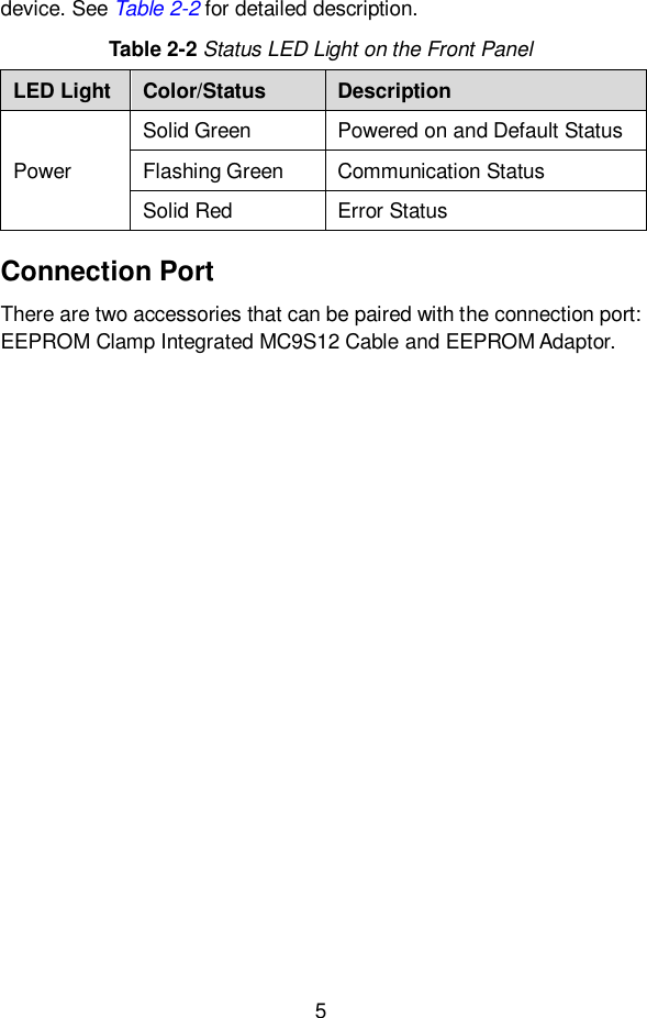 5  device. See Table 2-2 for detailed description. Table 2-2 Status LED Light on the Front Panel LED Light Color/Status Description Power Solid Green Powered on and Default Status Flashing Green Communication Status Solid Red Error Status Connection Port There are two accessories that can be paired with the connection port: EEPROM Clamp Integrated MC9S12 Cable and EEPROM Adaptor.   