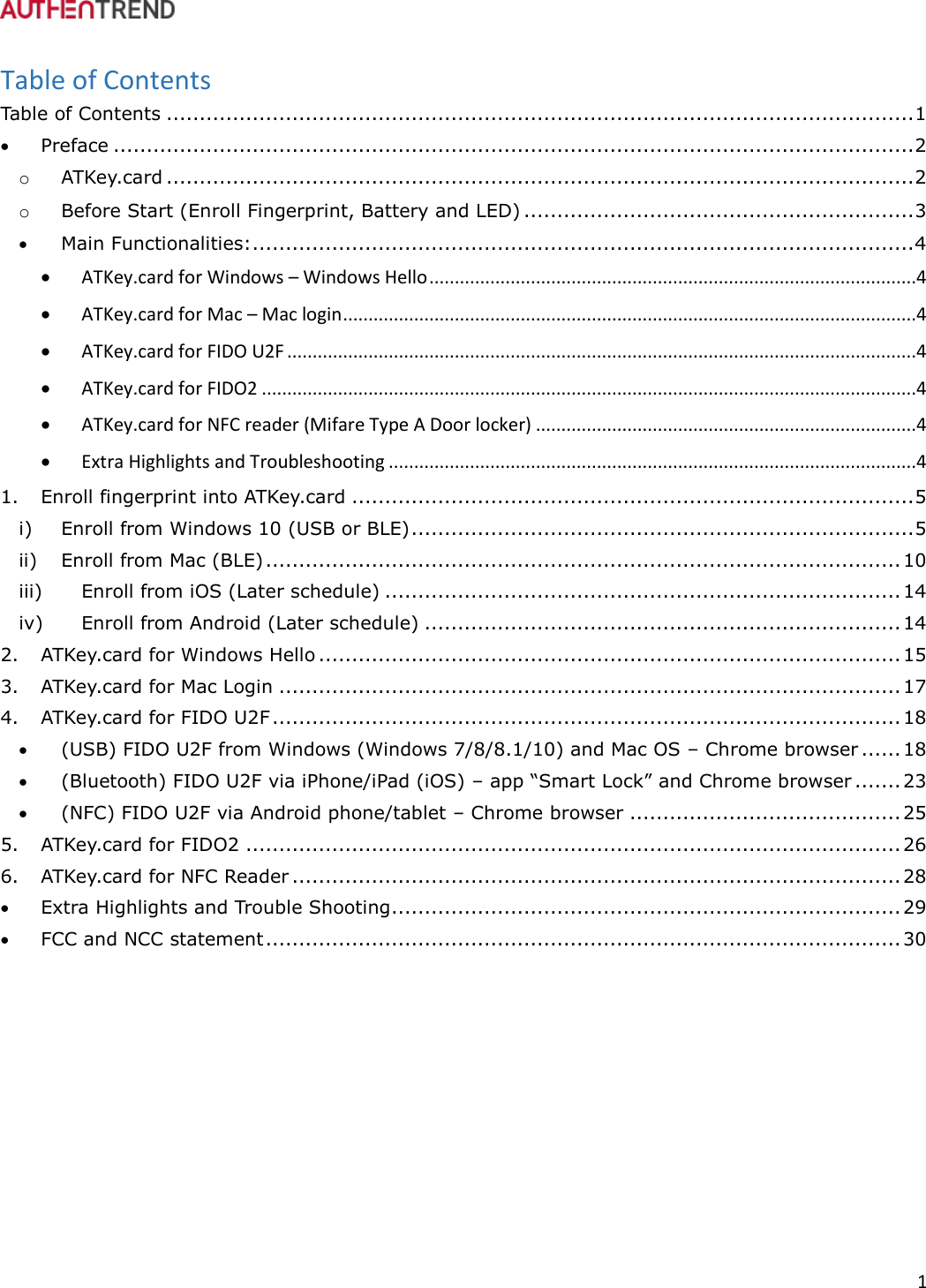 Page 2 of Authentrend TECHNOLOGY ATKEYCARD1 ATKey.card User Manual ATKey card User Guide