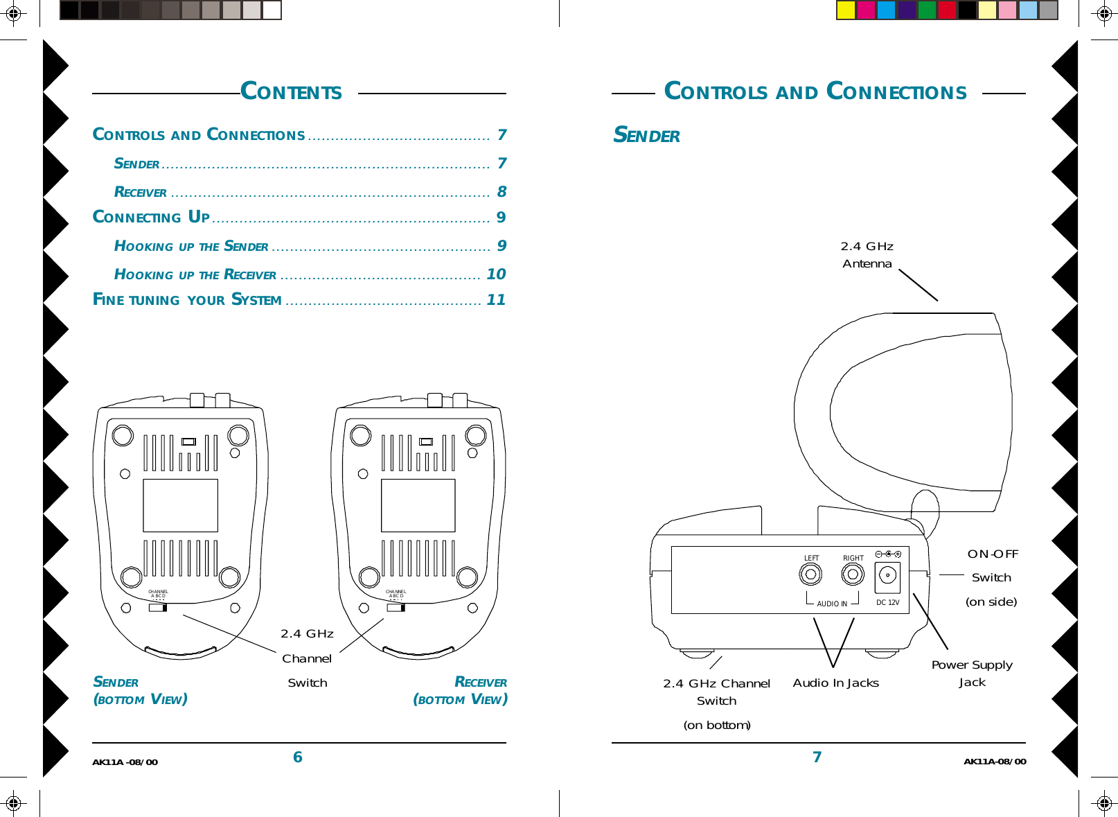 7AK11A-08/006AK11A -08/00 CONTROLS AND CONNECTIONS SENDERPower SupplyJack2.4 GHzAntenna ON-OFFSwitch(on side)2.4 GHz ChannelSwitch(on bottom)CHANNELABCD CHA NNELABC DCONTENTS CONTROLS AND CONNECTIONS........................................ 7SENDER........................................................................ 7RECEIVER ...................................................................... 8CONNECTING UP.............................................................9HOOKING UP THE SENDER................................................9HOOKING UP THE RECEIVER............................................10FINE TUNING YOUR SYSTEM........................................... 11SENDER(BOTTOM VIEW)RECEIVER(BOTTOM VIEW)2.4 GHzChannelSwitch Audio In JacksAUDIO INLEFT RIGHTDC 12V