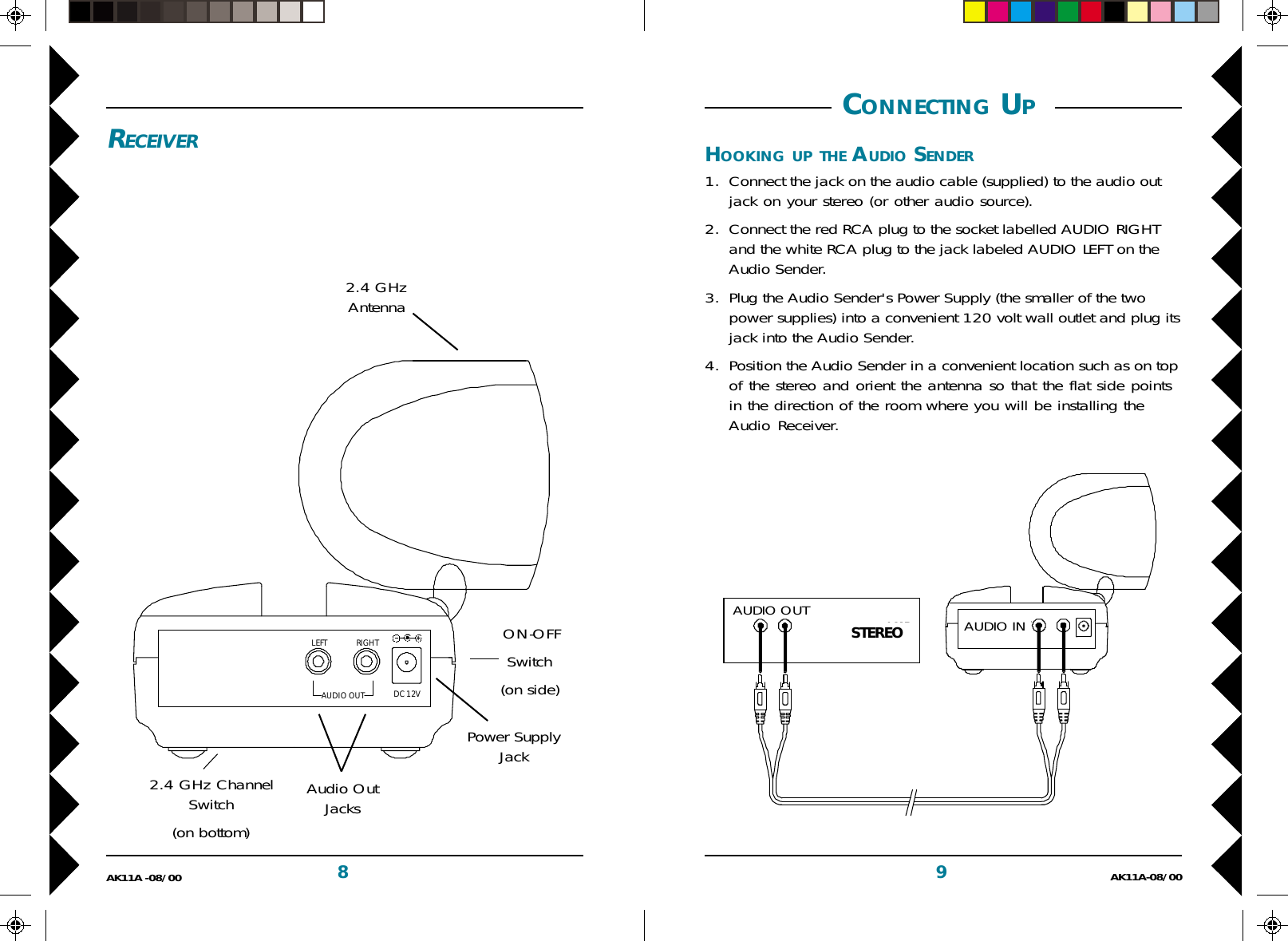 9AK11A-08/008AK11A -08/00 CONNECTING UP HOOKING UP THE AUDIO SENDER1. Connect the jack on the audio cable (supplied) to the audio outjack on your stereo (or other audio source).2. Connect the red RCA plug to the socket labelled AUDIO RIGHTand the white RCA plug to the jack labeled AUDIO LEFT on theAudio Sender.3. Plug the Audio Sender&apos;s Power Supply (the smaller of the twopower supplies) into a convenient 120 volt wall outlet and plug itsjack into the Audio Sender.4. Position the Audio Sender in a convenient location such as on topof the stereo and orient the antenna so that the flat side pointsin the direction of the room where you will be installing theAudio Receiver.RECEIVER2.4 GHzAntennaPower SupplyJack ON-OFFSwitch(on side)2.4 GHz ChannelSwitch(on bottom)Audio OutJacksPAUDIO OUTLEFT RIGHTDC 12VAMPAUDIO OUTAUDIO INAUDIO INAUDIO OUTSTEREO