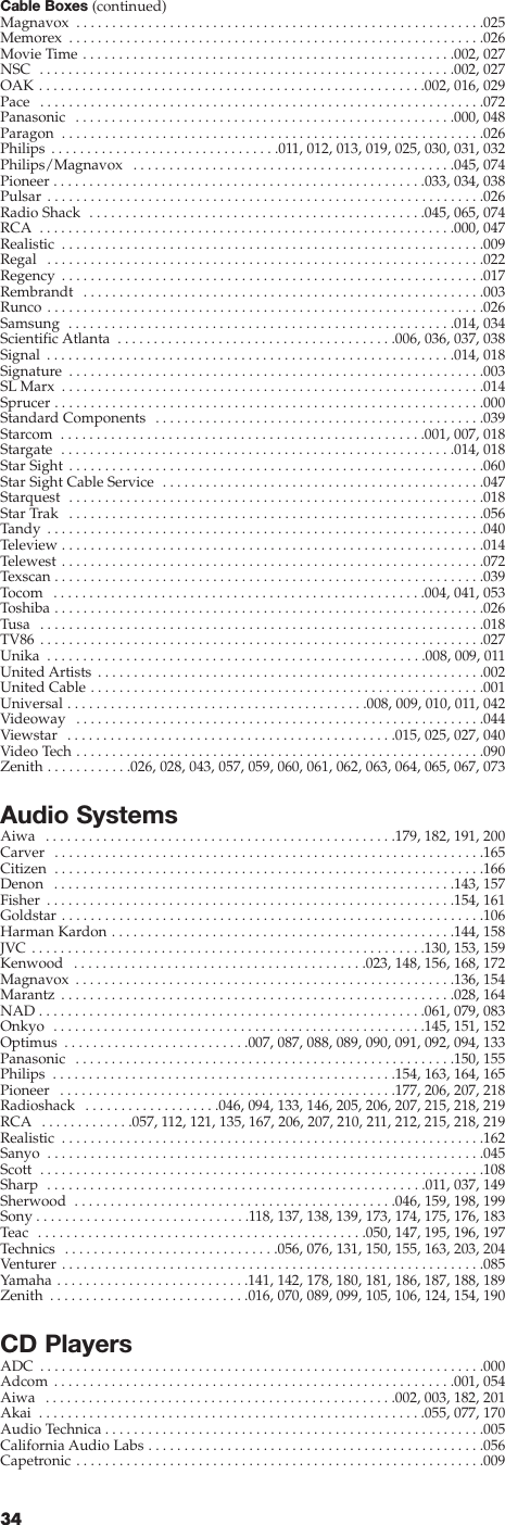 34Cable Boxes (continued)Magnavox  . . . . . . . . . . . . . . . . . . . . . . . . . . . . . . . . . . . . . . . . . . . . . . . . . . . . . . . . .025Memorex  . . . . . . . . . . . . . . . . . . . . . . . . . . . . . . . . . . . . . . . . . . . . . . . . . . . . . . . . . .026Movie Time . . . . . . . . . . . . . . . . . . . . . . . . . . . . . . . . . . . . . . . . . . . . . . . . . . . .002, 027NSC  . . . . . . . . . . . . . . . . . . . . . . . . . . . . . . . . . . . . . . . . . . . . . . . . . . . . . . . . . .002, 027OAK . . . . . . . . . . . . . . . . . . . . . . . . . . . . . . . . . . . . . . . . . . . . . . . . . . . . . .002, 016, 029Pace  . . . . . . . . . . . . . . . . . . . . . . . . . . . . . . . . . . . . . . . . . . . . . . . . . . . . . . . . . . . . . .072Panasonic  . . . . . . . . . . . . . . . . . . . . . . . . . . . . . . . . . . . . . . . . . . . . . . . . . . . . .000, 048Paragon  . . . . . . . . . . . . . . . . . . . . . . . . . . . . . . . . . . . . . . . . . . . . . . . . . . . . . . . . . . .026Philips . . . . . . . . . . . . . . . . . . . . . . . . . . . . . . . .011, 012, 013, 019, 025, 030, 031, 032Philips/Magnavox  . . . . . . . . . . . . . . . . . . . . . . . . . . . . . . . . . . . . . . . . . . . . .045, 074Pioneer . . . . . . . . . . . . . . . . . . . . . . . . . . . . . . . . . . . . . . . . . . . . . . . . . . . .033, 034, 038Pulsar . . . . . . . . . . . . . . . . . . . . . . . . . . . . . . . . . . . . . . . . . . . . . . . . . . . . . . . . . . . . .026Radio Shack  . . . . . . . . . . . . . . . . . . . . . . . . . . . . . . . . . . . . . . . . . . . . . . .045, 065, 074RCA  . . . . . . . . . . . . . . . . . . . . . . . . . . . . . . . . . . . . . . . . . . . . . . . . . . . . . . . . . .000, 047Realistic  . . . . . . . . . . . . . . . . . . . . . . . . . . . . . . . . . . . . . . . . . . . . . . . . . . . . . . . . . . .009Regal  . . . . . . . . . . . . . . . . . . . . . . . . . . . . . . . . . . . . . . . . . . . . . . . . . . . . . . . . . . . . .022Regency  . . . . . . . . . . . . . . . . . . . . . . . . . . . . . . . . . . . . . . . . . . . . . . . . . . . . . . . . . . .017Rembrandt  . . . . . . . . . . . . . . . . . . . . . . . . . . . . . . . . . . . . . . . . . . . . . . . . . . . . . . . .003Runco . . . . . . . . . . . . . . . . . . . . . . . . . . . . . . . . . . . . . . . . . . . . . . . . . . . . . . . . . . . . .026Samsung  . . . . . . . . . . . . . . . . . . . . . . . . . . . . . . . . . . . . . . . . . . . . . . . . . . . . . .014, 034Scientific Atlanta  . . . . . . . . . . . . . . . . . . . . . . . . . . . . . . . . . . . . . . .006, 036, 037, 038Signal  . . . . . . . . . . . . . . . . . . . . . . . . . . . . . . . . . . . . . . . . . . . . . . . . . . . . . . . . .014, 018Signature  . . . . . . . . . . . . . . . . . . . . . . . . . . . . . . . . . . . . . . . . . . . . . . . . . . . . . . . . . .003SL Marx  . . . . . . . . . . . . . . . . . . . . . . . . . . . . . . . . . . . . . . . . . . . . . . . . . . . . . . . . . . .014Sprucer . . . . . . . . . . . . . . . . . . . . . . . . . . . . . . . . . . . . . . . . . . . . . . . . . . . . . . . . . . . .000Standard Components  . . . . . . . . . . . . . . . . . . . . . . . . . . . . . . . . . . . . . . . . . . . . . .039Starcom  . . . . . . . . . . . . . . . . . . . . . . . . . . . . . . . . . . . . . . . . . . . . . . . . . . .001, 007, 018Stargate  . . . . . . . . . . . . . . . . . . . . . . . . . . . . . . . . . . . . . . . . . . . . . . . . . . . . . . .014, 018Star Sight  . . . . . . . . . . . . . . . . . . . . . . . . . . . . . . . . . . . . . . . . . . . . . . . . . . . . . . . . . .060Star Sight Cable Service  . . . . . . . . . . . . . . . . . . . . . . . . . . . . . . . . . . . . . . . . . . . . .047Starquest  . . . . . . . . . . . . . . . . . . . . . . . . . . . . . . . . . . . . . . . . . . . . . . . . . . . . . . . . . .018Star Trak  . . . . . . . . . . . . . . . . . . . . . . . . . . . . . . . . . . . . . . . . . . . . . . . . . . . . . . . . . .056Tandy  . . . . . . . . . . . . . . . . . . . . . . . . . . . . . . . . . . . . . . . . . . . . . . . . . . . . . . . . . . . . .040Teleview . . . . . . . . . . . . . . . . . . . . . . . . . . . . . . . . . . . . . . . . . . . . . . . . . . . . . . . . . . .014Telewest . . . . . . . . . . . . . . . . . . . . . . . . . . . . . . . . . . . . . . . . . . . . . . . . . . . . . . . . . . .072Texscan . . . . . . . . . . . . . . . . . . . . . . . . . . . . . . . . . . . . . . . . . . . . . . . . . . . . . . . . . . . .039Tocom  . . . . . . . . . . . . . . . . . . . . . . . . . . . . . . . . . . . . . . . . . . . . . . . . . . . .004, 041, 053Toshiba . . . . . . . . . . . . . . . . . . . . . . . . . . . . . . . . . . . . . . . . . . . . . . . . . . . . . . . . . . . .026Tusa  . . . . . . . . . . . . . . . . . . . . . . . . . . . . . . . . . . . . . . . . . . . . . . . . . . . . . . . . . . . . . .018TV86 . . . . . . . . . . . . . . . . . . . . . . . . . . . . . . . . . . . . . . . . . . . . . . . . . . . . . . . . . . . . . .027Unika  . . . . . . . . . . . . . . . . . . . . . . . . . . . . . . . . . . . . . . . . . . . . . . . . . . . . .008, 009, 011United Artists . . . . . . . . . . . . . . . . . . . . . . . . . . . . . . . . . . . . . . . . . . . . . . . . . . . . . .002United Cable . . . . . . . . . . . . . . . . . . . . . . . . . . . . . . . . . . . . . . . . . . . . . . . . . . . . . . .001Universal . . . . . . . . . . . . . . . . . . . . . . . . . . . . . . . . . . . . . . . . . .008, 009, 010, 011, 042Videoway  . . . . . . . . . . . . . . . . . . . . . . . . . . . . . . . . . . . . . . . . . . . . . . . . . . . . . . . . .044Viewstar  . . . . . . . . . . . . . . . . . . . . . . . . . . . . . . . . . . . . . . . . . . . . . .015, 025, 027, 040Video Tech . . . . . . . . . . . . . . . . . . . . . . . . . . . . . . . . . . . . . . . . . . . . . . . . . . . . . . . . .090Zenith . . . . . . . . . . . .026, 028, 043, 057, 059, 060, 061, 062, 063, 064, 065, 067, 073Audio SystemsAiwa  . . . . . . . . . . . . . . . . . . . . . . . . . . . . . . . . . . . . . . . . . . . . . . . . .179, 182, 191, 200Carver  . . . . . . . . . . . . . . . . . . . . . . . . . . . . . . . . . . . . . . . . . . . . . . . . . . . . . . . . . . . .165Citizen  . . . . . . . . . . . . . . . . . . . . . . . . . . . . . . . . . . . . . . . . . . . . . . . . . . . . . . . . . . . .166Denon  . . . . . . . . . . . . . . . . . . . . . . . . . . . . . . . . . . . . . . . . . . . . . . . . . . . . . . . .143, 157Fisher  . . . . . . . . . . . . . . . . . . . . . . . . . . . . . . . . . . . . . . . . . . . . . . . . . . . . . . . . .154, 161Goldstar . . . . . . . . . . . . . . . . . . . . . . . . . . . . . . . . . . . . . . . . . . . . . . . . . . . . . . . . . . .106Harman Kardon . . . . . . . . . . . . . . . . . . . . . . . . . . . . . . . . . . . . . . . . . . . . . . . .144, 158JVC . . . . . . . . . . . . . . . . . . . . . . . . . . . . . . . . . . . . . . . . . . . . . . . . . . . . . . .130, 153, 159Kenwood  . . . . . . . . . . . . . . . . . . . . . . . . . . . . . . . . . . . . . . . . .023, 148, 156, 168, 172Magnavox  . . . . . . . . . . . . . . . . . . . . . . . . . . . . . . . . . . . . . . . . . . . . . . . . . . . . .136, 154Marantz . . . . . . . . . . . . . . . . . . . . . . . . . . . . . . . . . . . . . . . . . . . . . . . . . . . . . . .028, 164NAD . . . . . . . . . . . . . . . . . . . . . . . . . . . . . . . . . . . . . . . . . . . . . . . . . . . . . .061, 079, 083Onkyo  . . . . . . . . . . . . . . . . . . . . . . . . . . . . . . . . . . . . . . . . . . . . . . . . . . . .145, 151, 152Optimus  . . . . . . . . . . . . . . . . . . . . . . . . . .007, 087, 088, 089, 090, 091, 092, 094, 133Panasonic  . . . . . . . . . . . . . . . . . . . . . . . . . . . . . . . . . . . . . . . . . . . . . . . . . . . . .150, 155Philips  . . . . . . . . . . . . . . . . . . . . . . . . . . . . . . . . . . . . . . . . . . . . . . . .154, 163, 164, 165Pioneer  . . . . . . . . . . . . . . . . . . . . . . . . . . . . . . . . . . . . . . . . . . . . . . .177, 206, 207, 218Radioshack  . . . . . . . . . . . . . . . . . . .046, 094, 133, 146, 205, 206, 207, 215, 218, 219RCA  . . . . . . . . . . . . .057, 112, 121, 135, 167, 206, 207, 210, 211, 212, 215, 218, 219Realistic  . . . . . . . . . . . . . . . . . . . . . . . . . . . . . . . . . . . . . . . . . . . . . . . . . . . . . . . . . . .162Sanyo  . . . . . . . . . . . . . . . . . . . . . . . . . . . . . . . . . . . . . . . . . . . . . . . . . . . . . . . . . . . . .045Scott  . . . . . . . . . . . . . . . . . . . . . . . . . . . . . . . . . . . . . . . . . . . . . . . . . . . . . . . . . . . . . .108Sharp  . . . . . . . . . . . . . . . . . . . . . . . . . . . . . . . . . . . . . . . . . . . . . . . . . . . . .011, 037, 149Sherwood  . . . . . . . . . . . . . . . . . . . . . . . . . . . . . . . . . . . . . . . . . . . . .046, 159, 198, 199Sony . . . . . . . . . . . . . . . . . . . . . . . . . . . . . .118, 137, 138, 139, 173, 174, 175, 176, 183Teac  . . . . . . . . . . . . . . . . . . . . . . . . . . . . . . . . . . . . . . . . . . . . . .050, 147, 195, 196, 197Technics  . . . . . . . . . . . . . . . . . . . . . . . . . . . . . .056, 076, 131, 150, 155, 163, 203, 204Venturer . . . . . . . . . . . . . . . . . . . . . . . . . . . . . . . . . . . . . . . . . . . . . . . . . . . . . . . . . . .085Yamaha . . . . . . . . . . . . . . . . . . . . . . . . . . .141, 142, 178, 180, 181, 186, 187, 188, 189Zenith  . . . . . . . . . . . . . . . . . . . . . . . . . . . .016, 070, 089, 099, 105, 106, 124, 154, 190CD PlayersADC  . . . . . . . . . . . . . . . . . . . . . . . . . . . . . . . . . . . . . . . . . . . . . . . . . . . . . . . . . . . . . .000Adcom . . . . . . . . . . . . . . . . . . . . . . . . . . . . . . . . . . . . . . . . . . . . . . . . . . . . . . . .001, 054Aiwa  . . . . . . . . . . . . . . . . . . . . . . . . . . . . . . . . . . . . . . . . . . . . . . . . .002, 003, 182, 201Akai  . . . . . . . . . . . . . . . . . . . . . . . . . . . . . . . . . . . . . . . . . . . . . . . . . . . . . .055, 077, 170Audio Technica . . . . . . . . . . . . . . . . . . . . . . . . . . . . . . . . . . . . . . . . . . . . . . . . . . . . .005California Audio Labs . . . . . . . . . . . . . . . . . . . . . . . . . . . . . . . . . . . . . . . . . . . . . . .056Capetronic . . . . . . . . . . . . . . . . . . . . . . . . . . . . . . . . . . . . . . . . . . . . . . . . . . . . . . . . .009