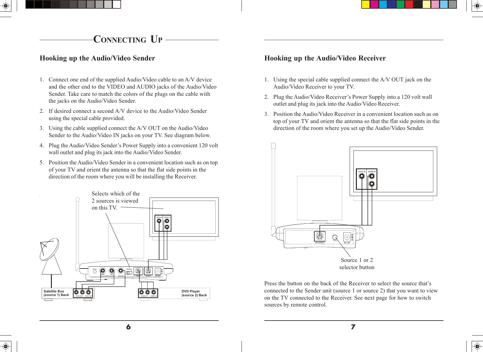 76Satellite Box(source 1) BackDVD Player(source 2) BackHooking up the Audio/Video Receiver1. Using the special cable supplied connect the A/V OUT jack on theAudio/Video Receiver to your TV.2. Plug the Audio/Video Receiver’s Power Supply into a 120 volt walloutlet and plug its jack into the Audio/Video Receiver.3. Position the Audio/Video Receiver in a convenient location such as ontop of your TV and orient the antenna so that the flat side points in thedirection of the room where you set up the Audio/Video Sender.CONNECTING UP Hooking up the Audio/Video Sender1. Connect one end of the supplied Audio/Video cable to an A/V deviceand the other end to the VIDEO and AUDIO jacks of the Audio/VideoSender. Take care to match the colors of the plugs on the cable withthe jacks on the Audio/Video Sender.2. If desired connect a second A/V device to the Audio/Video Senderusing the special cable provided.3. Using the cable supplied connect the A/V OUT on the Audio/VideoSender to the Audio/Video IN jacks on your TV. See diagram below.4. Plug the Audio/Video Sender’s Power Supply into a convenient 120 voltwall outlet and plug its jack into the Audio/Video Sender.5. Position the Audio/Video Sender in a convenient location such as on topof your TV and orient the antenna so that the flat side points in thedirection of the room where you will be installing the Receiver.Selects which of the2 sources is viewedon this TV.Press the button on the back of the Receiver to select the source that’sconnected to the Sender unit (source 1 or source 2) that you want to viewon the TV connected to the Receiver. See next page for how to switchsources by remote control.Source 1 or 2selector button