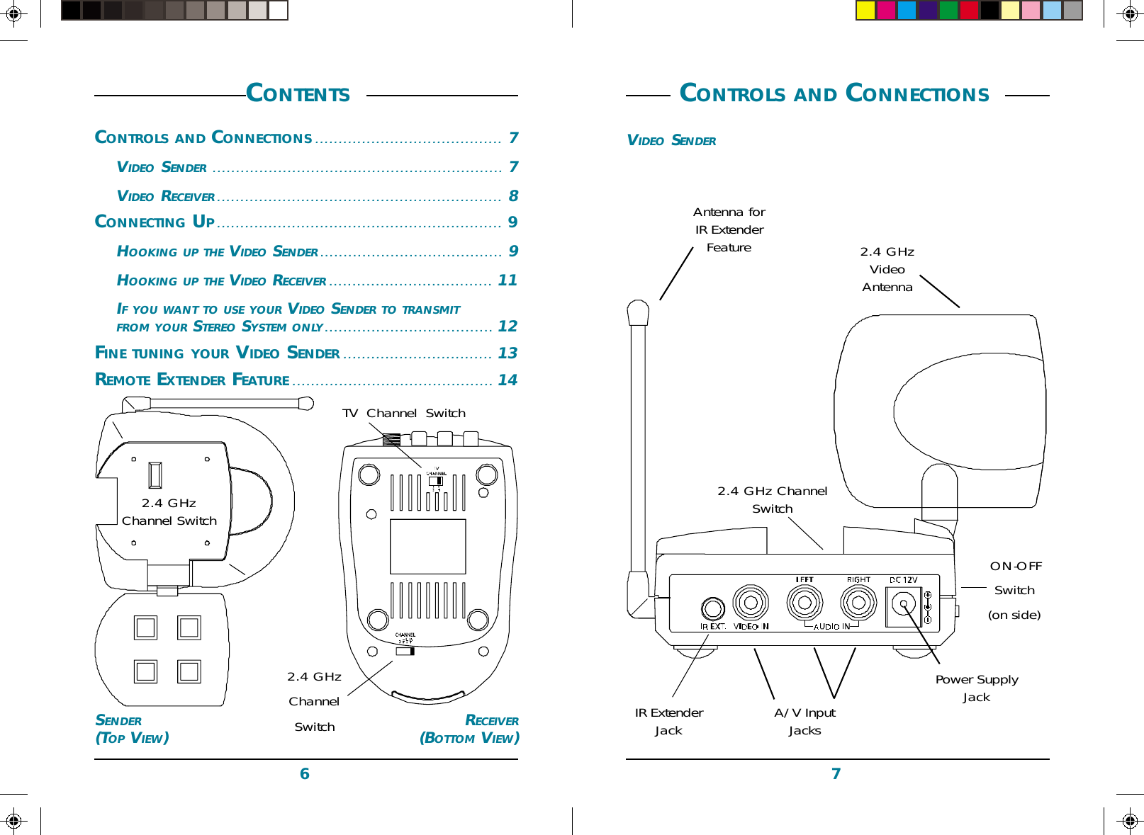 76 CONTROLS AND CONNECTIONS VIDEO SENDERCONTENTS CONTROLS AND CONNECTIONS........................................ 7VIDEO SENDER .............................................................. 7VIDEO RECEIVER ............................................................. 8CONNECTING UP.............................................................9HOOKING UP THE VIDEO SENDER.......................................9HOOKING UP THE VIDEO RECEIVER...................................11IF YOU WANT TO USE YOUR VIDEO SENDER TO TRANSMITFROM YOUR STEREO SYSTEM ONLY....................................12FINE TUNING YOUR VIDEO SENDER................................ 13REMOTE EXTENDER FEATURE........................................... 14SENDER(TOP VIEW)RECEIVER(BOTTOM VIEW)2.4 GHzChannelSwitchTV  Channel  SwitchAntenna forIR ExtenderFeatureIR ExtenderJack A/V InputJacksPower SupplyJack2.4 GHzVideoAntenna ON-OFFSwitch(on side)2.4 GHz ChannelSwitch2.4 GHzChannel Switch