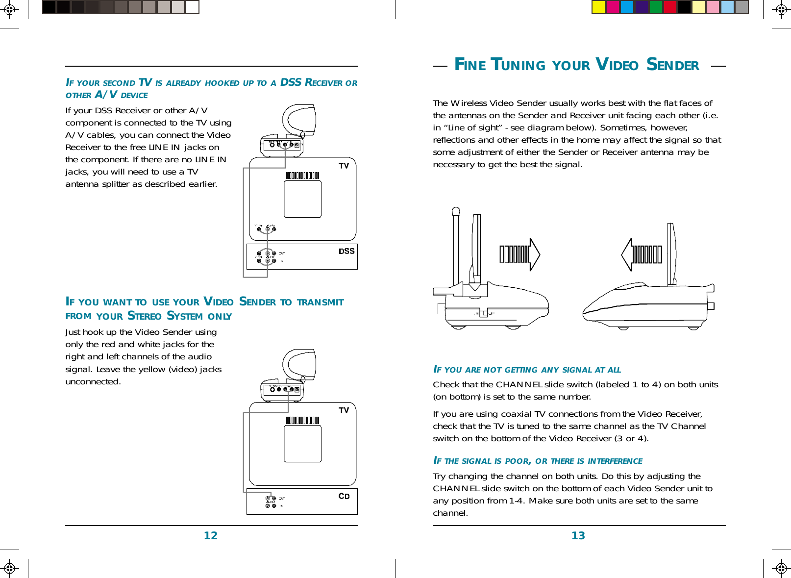 1312 FINE TUNING YOUR VIDEO SENDER The Wireless Video Sender usually works best with the flat faces ofthe antennas on the Sender and Receiver unit facing each other (i.e.in “Line of sight” - see diagram below). Sometimes, however,reflections and other effects in the home may affect the signal so thatsome adjustment of either the Sender or Receiver antenna may benecessary to get the best the signal.IF YOU ARE NOT GETTING ANY SIGNAL AT ALLCheck that the CHANNEL slide switch (labeled 1 to 4) on both units(on bottom) is set to the same number.If you are using coaxial TV connections from the Video Receiver,check that the TV is tuned to the same channel as the TV Channelswitch on the bottom of the Video Receiver (3 or 4).IF THE SIGNAL IS POOR, OR THERE IS INTERFERENCETry changing the channel on both units. Do this by adjusting theCHANNEL slide switch on the bottom of each Video Sender unit toany position from 1-4. Make sure both units are set to the samechannel.IF YOU WANT TO USE YOUR VIDEO SENDER TO TRANSMITFROM YOUR STEREO SYSTEM ONLYJust hook up the Video Sender usingonly the red and white jacks for theright and left channels of the audiosignal. Leave the yellow (video) jacksunconnected.IF YOUR SECOND TV IS ALREADY HOOKED UP TO A DSS RECEIVER OROTHER A/V DEVICEIf your DSS Receiver or other A/Vcomponent is connected to the TV usingA/V cables, you can connect the VideoReceiver to the free LINE IN jacks onthe component. If there are no LINE INjacks, you will need to use a TVantenna splitter as described earlier.