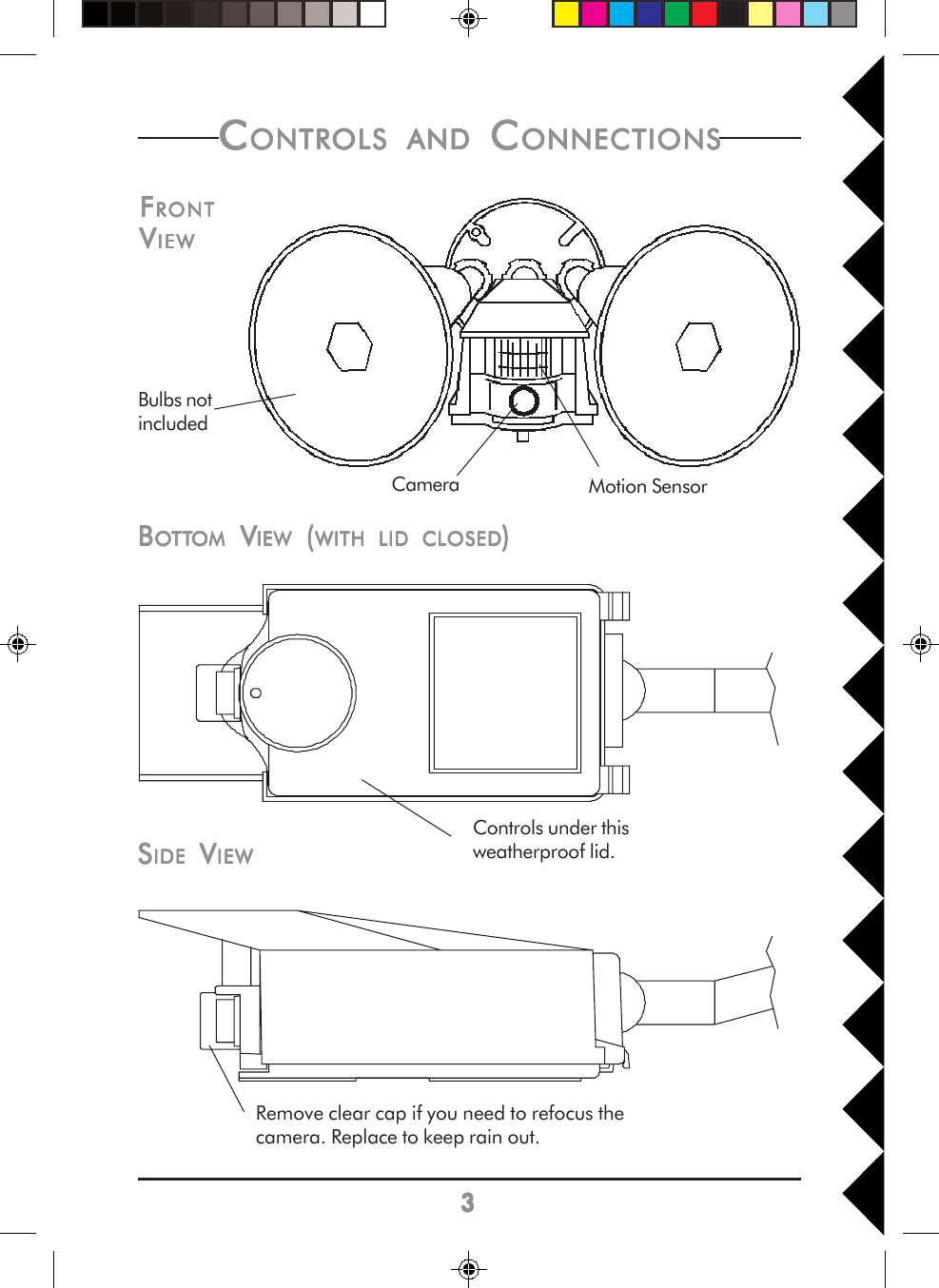 33333CCCCCONTROLSONTROLSONTROLSONTROLSONTROLS     ANDANDANDANDAND C C C C CONNECTIONSONNECTIONSONNECTIONSONNECTIONSONNECTIONSFFFFFRONTRONTRONTRONTRONTVVVVVIEWIEWIEWIEWIEWBulbs notincludedBBBBBOOOOOTTTTTTTTTTOMOMOMOMOM V V V V VIEWIEWIEWIEWIEW ( ( ( ( (WITHWITHWITHWITHWITH     LIDLIDLIDLIDLID     CLCLCLCLCLOSEDOSEDOSEDOSEDOSED)))))SSSSSIDEIDEIDEIDEIDE V V V V VIEWIEWIEWIEWIEWCamera Motion SensorControls under thisweatherproof lid.Remove clear cap if you need to refocus thecamera. Replace to keep rain out.