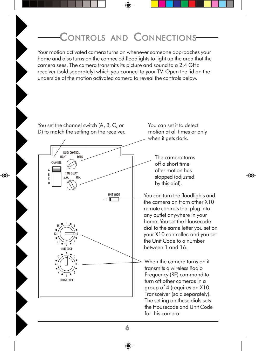 66666CCCCCONTROLSONTROLSONTROLSONTROLSONTROLS     ANDANDANDANDAND C C C C CONNECTIONSONNECTIONSONNECTIONSONNECTIONSONNECTIONSYour motion activated camera turns on whenever someone approaches yourhome and also turns on the connected floodlights to light up the area that thecamera sees. The camera transmits its picture and sound to a 2.4 GHzreceiver (sold separately) which you connect to your TV. Open the lid on theunderside of the motion activated camera to reveal the controls below.ACOMEGIKADUSK CONTROLCHANNELCBDTIME DELAYUNIT CODEUNIT CODEHOUSE CODE131513 57911LIGHTMAX.DARKMIN.+1You set the channel switch (A, B, C, orD) to match the setting on the receiver.When the camera turns on ittransmits a wireless RadioFrequency (RF) command toturn off other cameras in agroup of 4 (requires an X10Transceiver (sold separately).The setting on these dials setsthe Housecode and Unit Codefor this camera.You can set it to detectmotion at all times or onlywhen it gets dark.The camera turnsoff a short timeafter motion hasstopped (adjustedby this dial).You can turn the floodlights andthe camera on from other X10remote controls that plug intoany outlet anywhere in yourhome. You set the Housecodedial to the same letter you set onyour X10 controller, and you setthe Unit Code to a numberbetween 1 and 16.