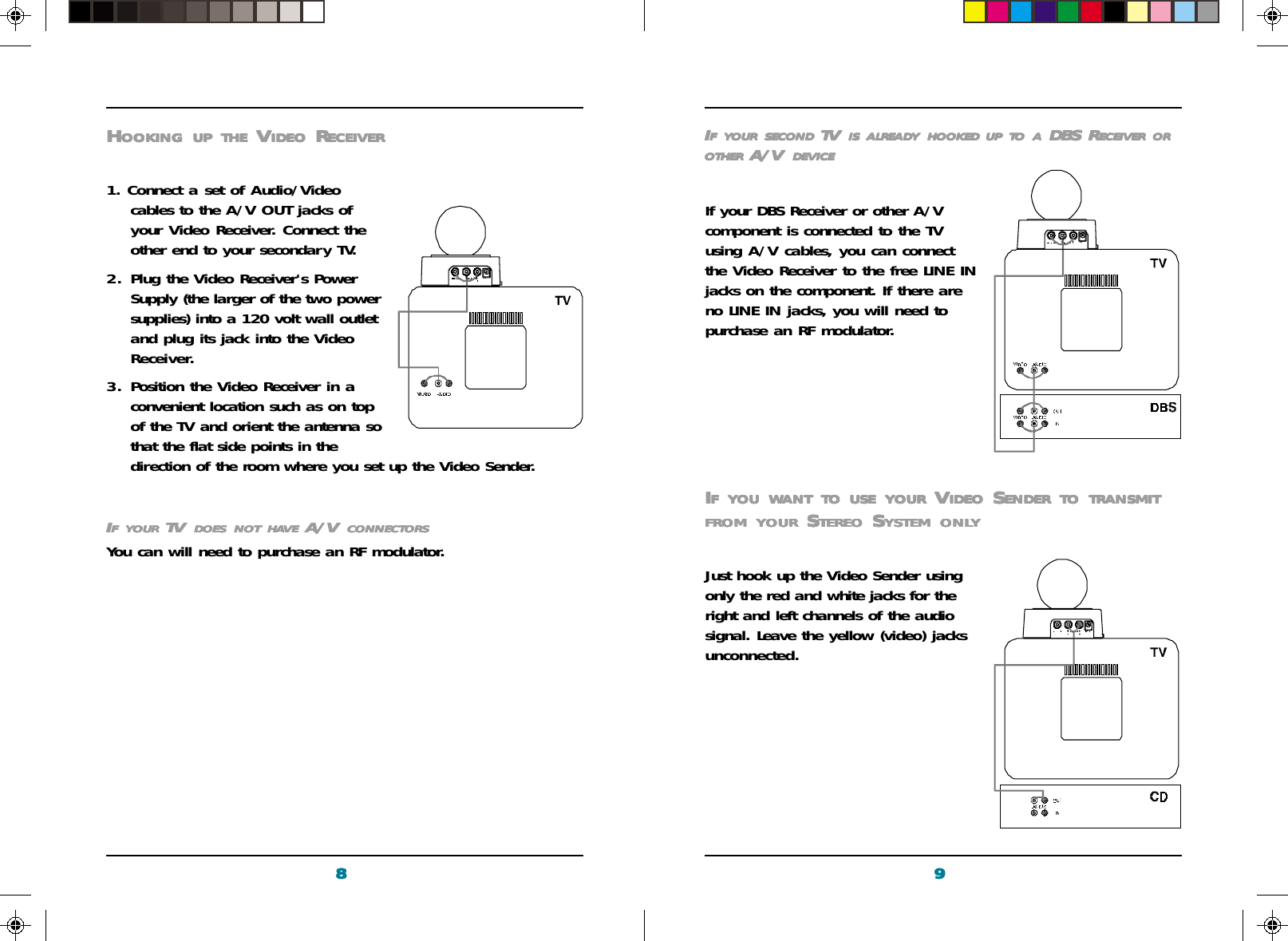 9999988888HHHHHOOKINGOOKINGOOKINGOOKINGOOKING     UPUPUPUPUP     THETHETHETHETHE V V V V VIDEOIDEOIDEOIDEOIDEO R R R R RECEIVERECEIVERECEIVERECEIVERECEIVER1. Connect a set of Audio/Videocables to the A/V OUT jacks ofyour Video Receiver. Connect theother end to your secondary TV.2. Plug the Video Receiver&apos;s PowerSupply (the larger of the two powersupplies) into a 120 volt wall outletand plug its jack into the VideoReceiver.3. Position the Video Receiver in aconvenient location such as on topof the TV and orient the antenna sothat the flat side points in thedirection of the room where you set up the Video Sender.IIIIIFFFFF     YOURYOURYOURYOURYOUR TV  TV  TV  TV  TV  DOESDOESDOESDOESDOES     NOTNOTNOTNOTNOT     HAHAHAHAHAVEVEVEVEVE A/V  A/V  A/V  A/V  A/V CONNECTORSCONNECTORSCONNECTORSCONNECTORSCONNECTORSYou can will need to purchase an RF modulator.IIIIIFFFFF     YOURYOURYOURYOURYOUR     SECONDSECONDSECONDSECONDSECOND TV  TV  TV  TV  TV ISISISISIS     ALREADYALREADYALREADYALREADYALREADY     HOOKEDHOOKEDHOOKEDHOOKEDHOOKED     UPUPUPUPUP     TOTOTOTOTO     AAAAA DBS R DBS R DBS R DBS R DBS RECEIVERECEIVERECEIVERECEIVERECEIVER     OROROROROROTHEROTHEROTHEROTHEROTHER A/V  A/V  A/V  A/V  A/V  DEVICEDEVICEDEVICEDEVICEDEVICEIf your DBS Receiver or other A/Vcomponent is connected to the TVusing A/V cables, you can connectthe Video Receiver to the free LINE INjacks on the component. If there areno LINE IN jacks, you will need topurchase an RF modulator.IIIIIFFFFF     YOUYOUYOUYOUYOU     WWWWWANTANTANTANTANT     TOTOTOTOTO     USEUSEUSEUSEUSE     YOURYOURYOURYOURYOUR V V V V VIDEOIDEOIDEOIDEOIDEO S S S S SENDERENDERENDERENDERENDER     TOTOTOTOTO     TRANSMITTRANSMITTRANSMITTRANSMITTRANSMITFROMFROMFROMFROMFROM     YOURYOURYOURYOURYOUR S S S S STEREOTEREOTEREOTEREOTEREO S S S S SYSTEMYSTEMYSTEMYSTEMYSTEM     ONLONLONLONLONLYYYYYJust hook up the Video Sender usingonly the red and white jacks for theright and left channels of the audiosignal. Leave the yellow (video) jacksunconnected.