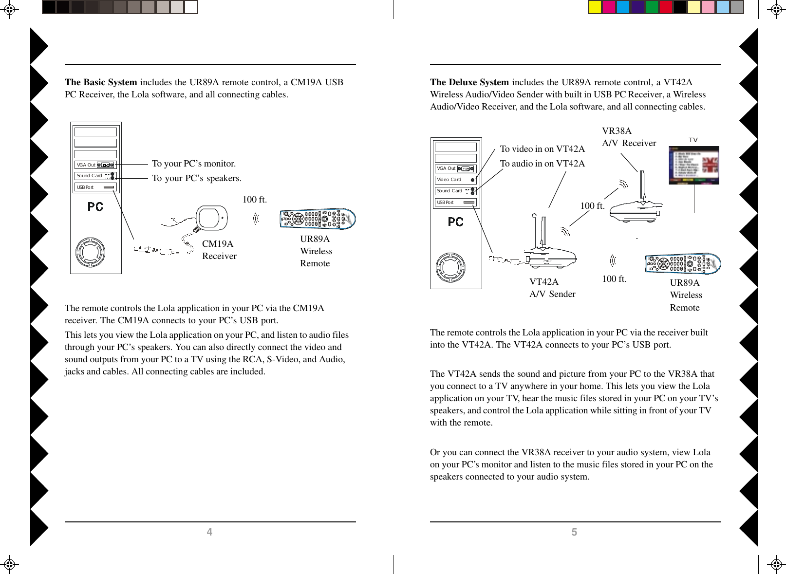 54Sound CardVideo CardUSB PortVGA OutTVTo video in on VT42ATo audio in on VT42AVT42AA/V SenderVR38AA/V ReceiverUR89AWirelessRemote100 ft.100 ft.The remote controls the Lola application in your PC via the receiver builtinto the VT42A. The VT42A connects to your PC’s USB port.The VT42A sends the sound and picture from your PC to the VR38A thatyou connect to a TV anywhere in your home. This lets you view the Lolaapplication on your TV, hear the music files stored in your PC on your TV’sspeakers, and control the Lola application while sitting in front of your TVwith the remote.Or you can connect the VR38A receiver to your audio system, view Lolaon your PC’s monitor and listen to the music files stored in your PC on thespeakers connected to your audio system.The Deluxe System includes the UR89A remote control, a VT42AWireless Audio/Video Sender with built in USB PC Receiver, a WirelessAudio/Video Receiver, and the Lola software, and all connecting cables.Sound CardUSB PortVGA OutThe Basic System includes the UR89A remote control, a CM19A USBPC Receiver, the Lola software, and all connecting cables.To your PC’s monitor.To your PC’s speakers.CM19AReceiverUR89AWirelessRemote100 ft.The remote controls the Lola application in your PC via the CM19Areceiver. The CM19A connects to your PC’s USB port.This lets you view the Lola application on your PC, and listen to audio filesthrough your PC’s speakers. You can also directly connect the video andsound outputs from your PC to a TV using the RCA, S-Video, and Audio,jacks and cables. All connecting cables are included.AUDIOPCLEARNSETUPCH +TOPFINDENDSCANSCAN+F.FPLAYREWPAUSESTOPRECCHVOLPLAYLISTPLAYINGALBUMVO L+MA/BAddDele teENTERGENRE TRACKARTISTTV X10All  Lts ononoffbrtdimPAGEUPPAGEDOWN12580ABCJKLTUV369DEFMNOWXYZ4GHIPQRS7SELECTTECBLAUDIOPCLEARNSETUPCH +TOPFINDENDSCANSCAN+F.FPLAYREWPAUSESTOPRECCHVOLPLAYLISTPLAYINGALBUMVO L+MA/ BAddDele teENTERGENRETRACKARTISTTV X10All  Lts ononoffbrtdimPAGEUPPAGEDOWN12580ABCJKLTUV369DEFMNOWXYZ4GHIPQRS7SELECTTECBL