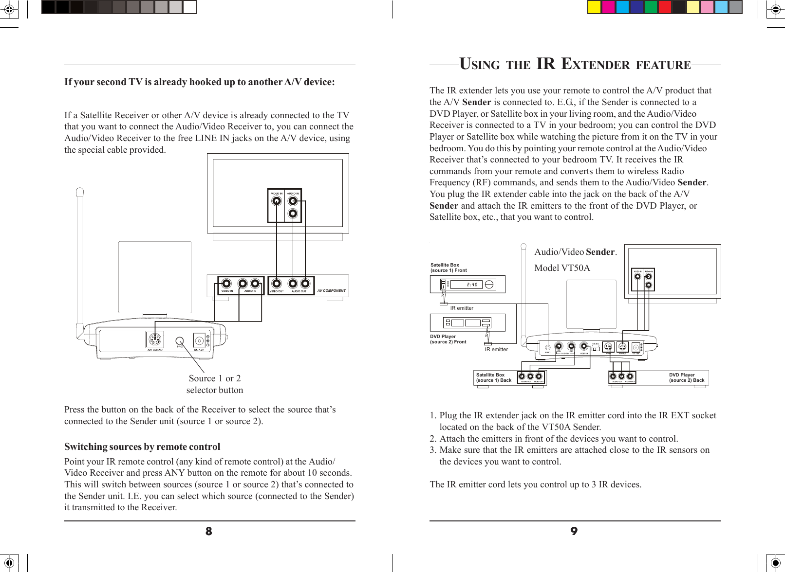 98IR emitterSatellite Box(source 1) FrontDVD Player(source 2) FrontIR emitterSatellite Box(source 1) BackDVD Player(source 2) BackIf your second TV is already hooked up to another A/V device:If a Satellite Receiver or other A/V device is already connected to the TVthat you want to connect the Audio/Video Receiver to, you can connect theAudio/Video Receiver to the free LINE IN jacks on the A/V device, usingthe special cable provided.AV COMPONENTVIDEO IN AUDIO INUSING THE IR EXTENDER FEATUREThe IR extender lets you use your remote to control the A/V product thatthe A/V Sender is connected to. E.G., if the Sender is connected to aDVD Player, or Satellite box in your living room, and the Audio/VideoReceiver is connected to a TV in your bedroom; you can control the DVDPlayer or Satellite box while watching the picture from it on the TV in yourbedroom. You do this by pointing your remote control at the Audio/VideoReceiver that’s connected to your bedroom TV. It receives the IRcommands from your remote and converts them to wireless RadioFrequency (RF) commands, and sends them to the Audio/Video Sender.You plug the IR extender cable into the jack on the back of the A/VSender and attach the IR emitters to the front of the DVD Player, orSatellite box, etc., that you want to control.Audio/Video Sender.Model VT50A1. Plug the IR extender jack on the IR emitter cord into the IR EXT socketlocated on the back of the VT50A Sender.2. Attach the emitters in front of the devices you want to control.3. Make sure that the IR emitters are attached close to the IR sensors onthe devices you want to control.The IR emitter cord lets you control up to 3 IR devices.Press the button on the back of the Receiver to select the source that’sconnected to the Sender unit (source 1 or source 2).Switching sources by remote controlPoint your IR remote control (any kind of remote control) at the Audio/Video Receiver and press ANY button on the remote for about 10 seconds.This will switch between sources (source 1 or source 2) that’s connected tothe Sender unit. I.E. you can select which source (connected to the Sender)it transmitted to the Receiver.Source 1 or 2selector button