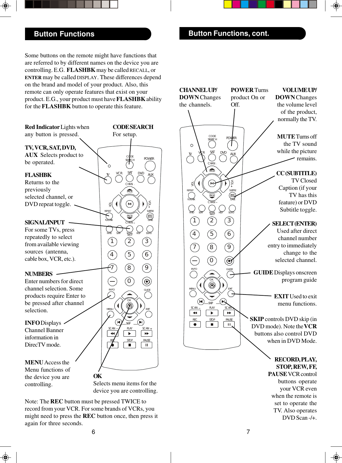 76PLAYSTOP PAUSEREC234567890SUBTITLEREPEATHELPPOWERSATFLASHBK1AUXRATIOSD/HDVCRCHANCHANVOLVOLOKSCAN SCANGUIDEINFOEXITMENUSKIPDVDTVCODESEARCHPAGEPAGEDATESURFSIGNALINPUTPLAYSTOP PAUSEREC234567890SUBTITLEREPEATHELPPOWERSATFLASHBK1AUXRATIO SD/HDVCRCHANCHANVOLVOLOKSCAN SCANGUIDEINFOEXITMENUSKIPDVDTVCODESEARCHPAGEPAGEDATESURFSIGNALINPUTVOLUME UP/DOWN Changesthe volume levelof the product,normally the TV.CHANNEL UP/DOWN Changesthe channels.RECORD, PLAY,STOP, REW, FF,PAUSE VCR controlbuttons operateyour VCR evenwhen the remote isset to operate theTV. Also operatesDVD Scan -/+.EXIT Used to exitmenu functions.Button Functions, cont.Some buttons on the remote might have functions thatare referred to by different names on the device you arecontrolling. E.G.  FLASHBK may be called RECALL, orENTER may be called DISPLAY. These differences dependon the brand and model of your product. Also, thisremote can only operate features that exist on yourproduct. E.G., your product must have FLASHBK abilityfor the FLASHBK button to operate this feature.TV, VCR, SAT, DVD,AUX  Selects product tobe operated.NUMBERSEnter numbers for directchannel selection. Someproducts require Enter tobe pressed after channelselection.POWER Turnsproduct On orOff.MUTE Turns offthe TV soundwhile the pictureremains.MENU Access theMenu functions ofthe device you arecontrolling.CODE SEARCHFor setup.Note: The REC button must be pressed TWICE torecord from your VCR. For some brands of VCRs, youmight need to press the REC button once, then press itagain for three seconds.Button FunctionsRed Indicator Lights whenany button is pressed.OKSelects menu items for thedevice you are controlling.CC (SUBTITLE)TV ClosedCaption (if yourTV has thisfeature) or DVDSubtitle toggle.SELECT (ENTER)Used after directchannel numberentry to immediatelychange to theselected channel.FLASHBKReturns to thepreviouslyselected channel, orDVD repeat toggle.SKIP controls DVD skip (inDVD mode). Note the VCRbuttons also control DVDwhen in DVD Mode.SIGNAL/INPUTFor some TVs, pressrepeatedly to selectfrom available viewingsources (antenna,cable box, VCR, etc.).INFO DisplaysChannel Bannerinformation inDirecTV mode.GUIDE Displays onscreenprogram guide