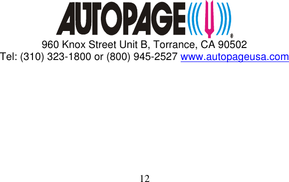 Page 12 of 12 - Auto-Page Auto-Page-C3-Rs603-Owners-Manual RS-603 OPER Manual 7908
