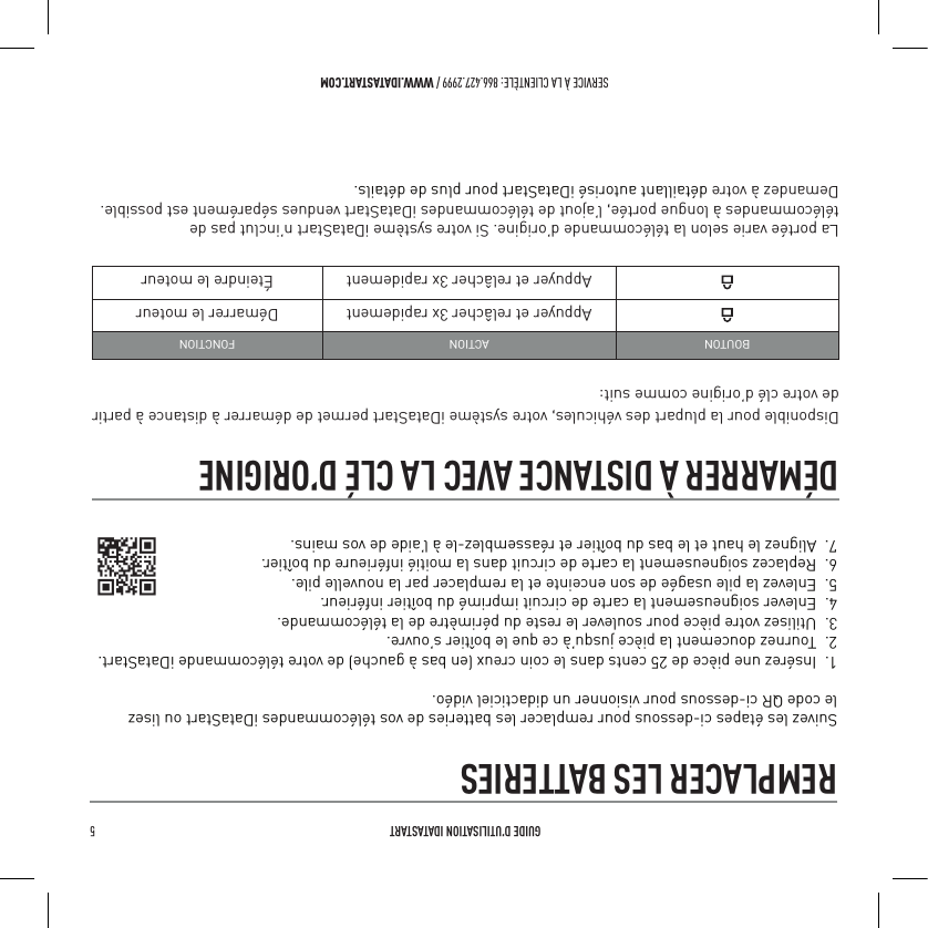  GUIDE D&rsquo;UTILISATION IDATASTART 5 SERVICE &Agrave; LA CLIENT&Egrave;LE: 866.427.2999 / WWW.IDATASTART.COMD&Eacute;MARRER &Agrave; DISTANCE AVEC LA CL&Eacute; D&rsquo;ORIGINE Disponible pour la plupart des v&eacute;hicules, votre syst&egrave;me iDataStart permet de d&eacute;marrer &agrave; distance &agrave; partir de votre cl&eacute; d&rsquo;origine comme suit: BOUTON ACTION FONCTIONAppuyer et rel&acirc;cher 3x rapidement D&eacute;marrer le moteurAppuyer et rel&acirc;cher 3x rapidement &Eacute;teindre le moteurLa port&eacute;e varie selon la t&eacute;l&eacute;commande d&rsquo;origine. Si votre syst&egrave;me iDataStart n&rsquo;inclut pas de t&eacute;l&eacute;commandes &agrave; longue port&eacute;e, l&rsquo;ajout de t&eacute;l&eacute;commandes iDataStart vendues s&eacute;par&eacute;ment est possible. Demandez &agrave; votre d&eacute;taillant autoris&eacute; iDataStart pour plus de d&eacute;tails.Suivez les &eacute;tapes ci-dessous pour remplacer les batteries de vos t&eacute;l&eacute;commandes iDataStart ou lisez  le code QR ci-dessous pour visionner un didacticiel vid&eacute;o.1.  Ins&eacute;rez une pi&egrave;ce de 25 cents dans le coin creux (en bas &agrave; gauche) de votre t&eacute;l&eacute;commande iDataStart.2.  Tournez doucement la pi&egrave;ce jusqu&rsquo;&agrave; ce que le bo&icirc;tier s&rsquo;ouvre.3.  Utilisez votre pi&egrave;ce pour soulever le reste du p&eacute;rim&egrave;tre de la t&eacute;l&eacute;commande.4.  Enlever soigneusement la carte de circuit imprim&eacute; du bo&icirc;tier inf&eacute;rieur.5.  Enlevez la pile usag&eacute;e de son enceinte et la remplacer par la nouvelle pile.6.  Replacez soigneusement la carte de circuit dans la moiti&eacute; inf&eacute;rieure du bo&icirc;tier.7.  Alignez le haut et le bas du bo&icirc;tier et r&eacute;assemblez-le &agrave; l&rsquo;aide de vos mains.REMPLACER LES BATTERIES