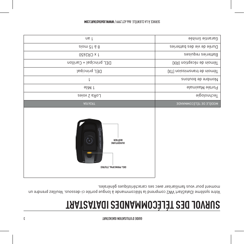  GUIDE D&rsquo;UTILISATION IDATASTART 3 SERVICE &Agrave; LA CLIENT&Egrave;LE: 866.427.2999 / WWW.IDATASTART.COMSURVOL DES T&Eacute;L&Eacute;COMMANDES IDATASTARTVotre syst&egrave;me iDataStart VW2 comprend la t&eacute;l&eacute;commande &agrave; longue port&eacute;e ci-dessous. Veuillez prendre un moment pour vous familiariser avec ses caract&eacute;ristiques g&eacute;n&eacute;rales.MOD&Egrave;LE DE T&Eacute;L&Eacute;COMMANDE TR2410ATechnologie LoRa 2 voiesPort&eacute;e Maximale 1 MileNombre de boutons 1T&eacute;moin de transmission (TX)  DEL principalT&eacute;moin de r&eacute;ception (RX)  DEL principal + CarillonBatteries requises 1 x CR2450Dur&eacute;e de vie des batteries 8 &agrave; 15 moisGarantie limit&eacute;e 1 anDEL PRINCIPAL (TX/RX)OUVERTUREBO&Icirc;TIER