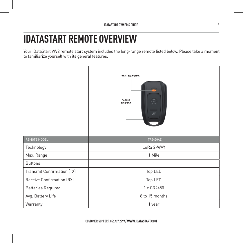  IDATASTART OWNER&rsquo;S GUIDE 3 CUSTOMER SUPPORT: 866.427.2999 / WWW.IDATASTART.COMREMOTE MODEL  TR2420AETechnology LoRa 2-WAYMax. Range 1 MileButtons 1Transmit Conﬁrmation (TX)  Top LEDReceive Conﬁrmation (RX)  Top LEDBatteries Required 1 x CR2450Avg. Battery Life 8 to 15 monthsWarranty 1 yearIDATASTART REMOTE OVERVIEWYour iDataStart VW2 remote start system includes the long-range remote listed below. Please take a moment to familiarize yourself with its general features.CASINGRELEASE