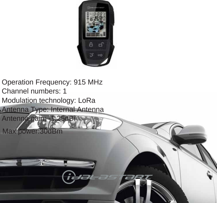CUSTOMER SUPPORT: 866.427.2999 / WWW.IDATASTART.COM&reg;/MDOperation Frequency: 915 MHzChannel numbers: 1Modulation technology: LoRaAntenna Type: Internal AntennaAntenna gain: -1.25dBiMax power:30dBm