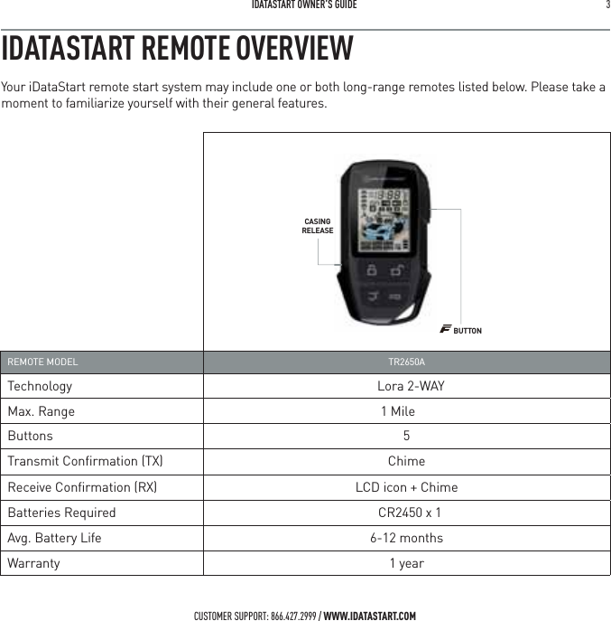  IDATASTART OWNER&rsquo;S GUIDE 3 CUSTOMER SUPPORT: 866.427.2999 / WWW.IDATASTART.COMREMOTE MODEL  TR2650ATechnology Lora 2-WAYMax. Range 1 MileButtons 5Transmit Conﬁrmation (TX)  ChimeReceive Conﬁrmation (RX)  LCD icon + ChimeBatteries Required  CR2450 x 1Avg. Battery Life 6-12 monthsWarranty 1 yearIDATASTART REMOTE OVERVIEWYour iDataStart remote start system may include one or both long-range remotes listed below. Please take a moment to familiarize yourself with their general features.BUTTONCASINGRELEASE