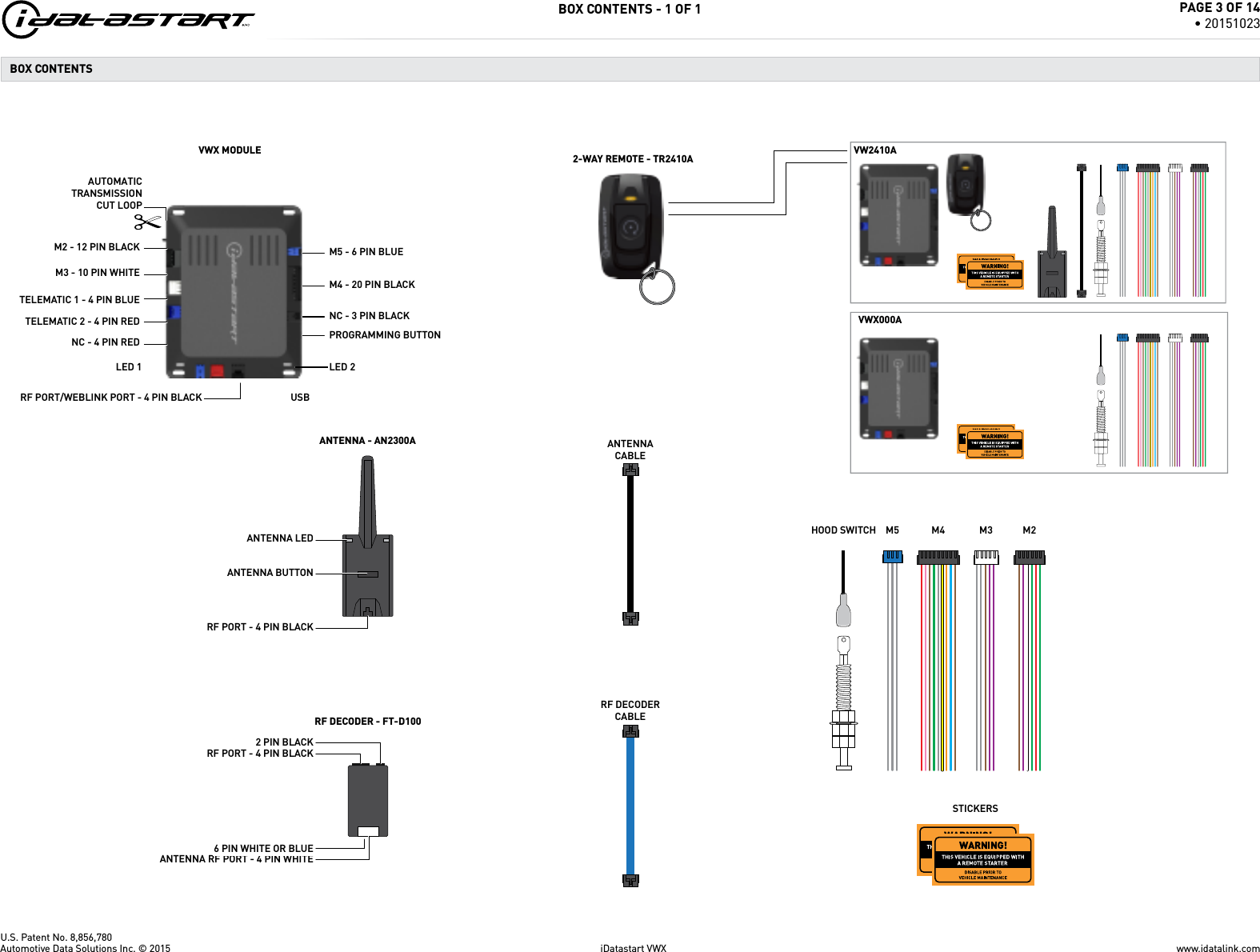 U.S. Patent No. 8,856,780BOX CONTENTS - 1 OF 1M3 - 10 PIN WHITEM2 - 12 PIN BLACKAUTOMATICTRANSMISSIONCUT LOOPM5 - 6 PIN BLUEM4 - 20 PIN BLACKVW2410AVWX000ABOX CONTENTS NC - 4 PIN REDTELEMATIC 2 - 4 PIN REDTELEMATIC 1 - 4 PIN BLUENC - 3 PIN BLACKPROGRAMMING BUTTONANTENNA BUTTONUSBLED 2ANTENNA LEDLED 1RF PORT/WEBLINK PORT - 4 PIN BLACK2 PIN BLACKRF PORT - 4 PIN BLACKRF PORT - 4 PIN BLACKANTENNA RF PORT - 4 PIN WHITE6 PIN WHITE OR BLUE2-WAY REMOTE - TR2410ARF DECODERCABLEM2M3M4M5HOOD SWITCHANTENNACABLERF DECODER - FT-D100STICKERSANTENNA - AN2300AVWX MODULEwww.idatalink.comAutomotive Data Solutions Inc. &copy; 2015 iDatastart VWXPAGE 3 OF 14&bull; 20151023