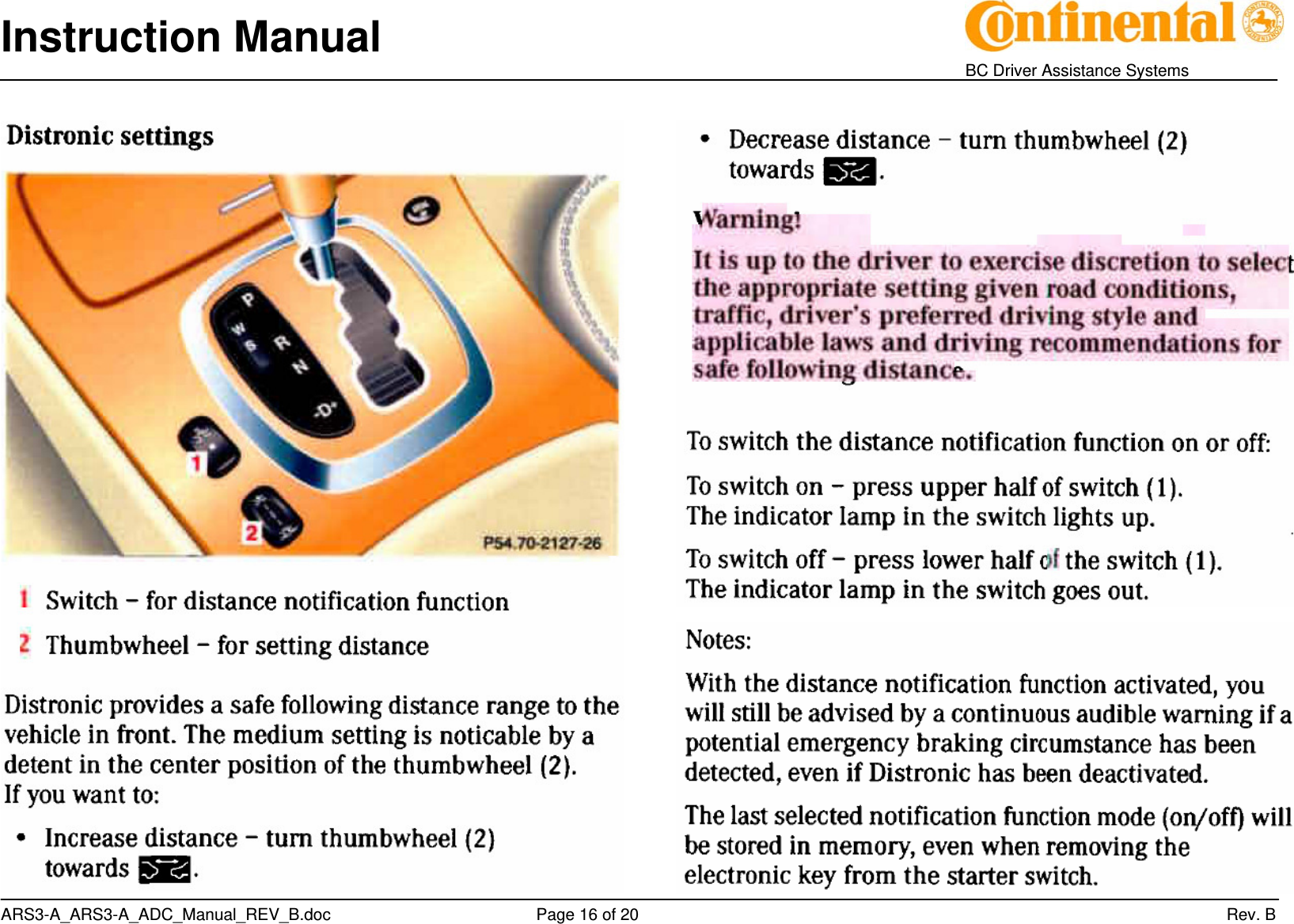 Instruction Manual    BC Driver Assistance Systems ARS3-A_ARS3-A_ADC_Manual_REV_B.doc     Page 16 of 20                 Rev. B     