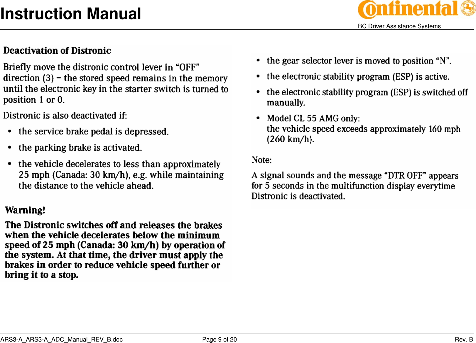 Instruction Manual    BC Driver Assistance Systems ARS3-A_ARS3-A_ADC_Manual_REV_B.doc     Page 9 of 20                 Rev. B    