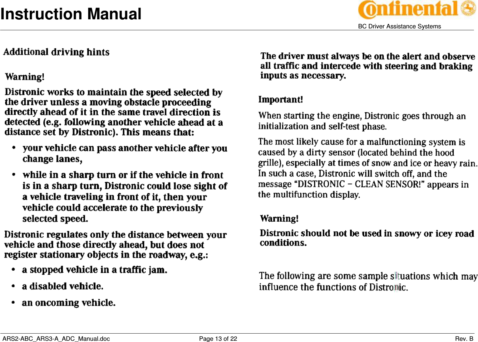 Instruction Manual   BC Driver Assistance Systems  ARS2-ABC_ARS3-A_ADC_Manual.doc     Page 13 of 22                 Rev. B      