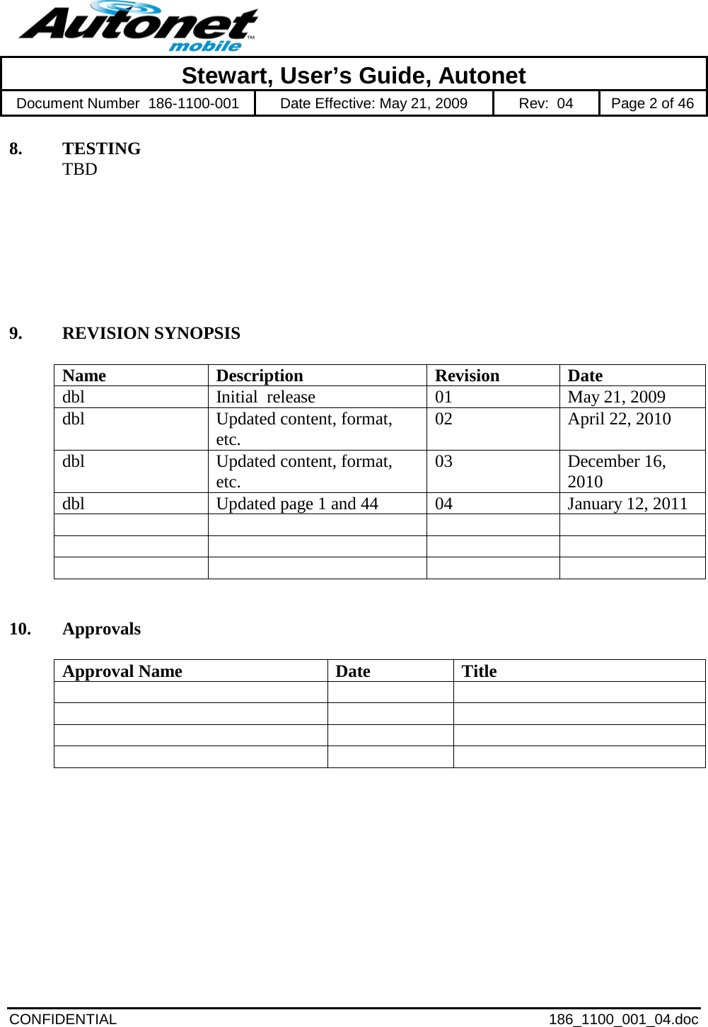            Stewart, User’s Guide, Autonet Document Number  186-1100-001 Date Effective: May 21, 2009 Rev:  04  Page 2 of 46  CONFIDENTIAL 186_1100_001_04.doc  8. TESTING TBD       9. REVISION SYNOPSIS  Name Description Revision Date dbl Initial  release 01 May 21, 2009 dbl Updated content, format, etc. 02 April 22, 2010 dbl Updated content, format, etc. 03 December 16, 2010 dbl  Updated page 1 and 44  04  January 12, 2011              10. Approvals  Approval Name Date Title                    