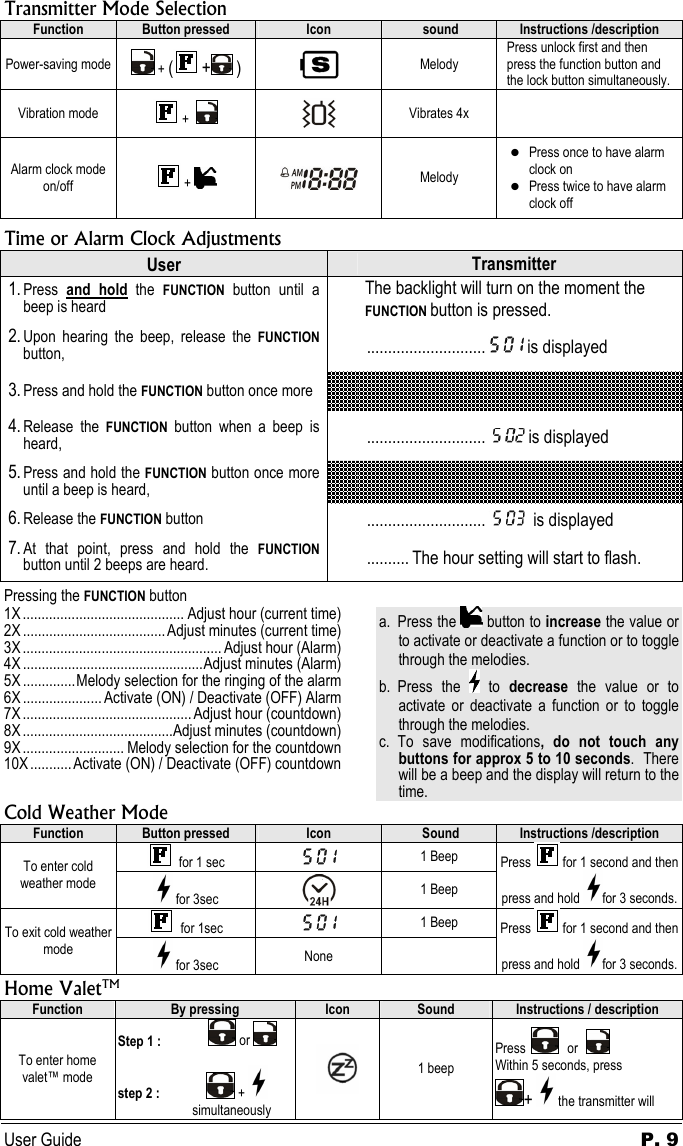 User Guide  P. 9 Transmitter Mode Selection Function  Button pressed  Icon   sound  Instructions /description Power-saving mode   + ( + )    Melody Press unlock first and then press the function button and the lock button simultaneously. Vibration mode   +     Vibrates 4x   Alarm clock mode on/off   +    Melody z Press once to have alarm clock on z Press twice to have alarm clock off Time or Alarm Clock Adjustments User  Transmitter 1. Press  and hold the FUNCTION button until a beep is heard The backlight will turn on the moment the FUNCTION button is pressed. 2. Upon hearing the beep, release the FUNCTION button,  ............................  is displayed 3. Press and hold the FUNCTION button once more    4. Release the FUNCTION button when a beep is heard,  ............................    is displayed 5. Press and hold the FUNCTION button once more until a beep is heard,    6. Release the FUNCTION button  ............................   is displayed 7. At that point, press and hold the FUNCTION button until 2 beeps are heard.  .......... The hour setting will start to flash. Pressing the FUNCTION button  1X ........................................... Adjust hour (current time) 2X ...................................... Adjust minutes (current time) 3X ..................................................... Adjust hour (Alarm) 4X ................................................Adjust minutes (Alarm) 5X ..............Melody selection for the ringing of the alarm 6X ..................... Activate (ON) / Deactivate (OFF) Alarm 7X ............................................. Adjust hour (countdown) 8X ........................................Adjust minutes (countdown) 9X ........................... Melody selection for the countdown 10X...........Activate (ON) / Deactivate (OFF) countdown a. Press the   button to increase the value or to activate or deactivate a function or to toggle through the melodies. b. Press the   to decrease the value or to activate or deactivate a function or to toggle through the melodies. c. To save modifications, do not touch any buttons for approx 5 to 10 seconds.  There will be a beep and the display will return to the time. Cold Weather Mode Function  Button pressed  Icon   Sound  Instructions /description   for 1 sec   1 Beep To enter cold weather mode  for 3sec   1 Beep Press   for 1 second and then press and hold  for 3 seconds.   for 1sec   1 Beep To exit cold weather mode  for 3sec  None  Press   for 1 second and then press and hold  for 3 seconds. Home ValetTM Function  By pressing  Icon  Sound  Instructions / description To enter home valet™ mode Step 1 :                or    step 2 :                +           simultaneously  1 beep Press    or    Within 5 seconds, press  +  the transmitter will 