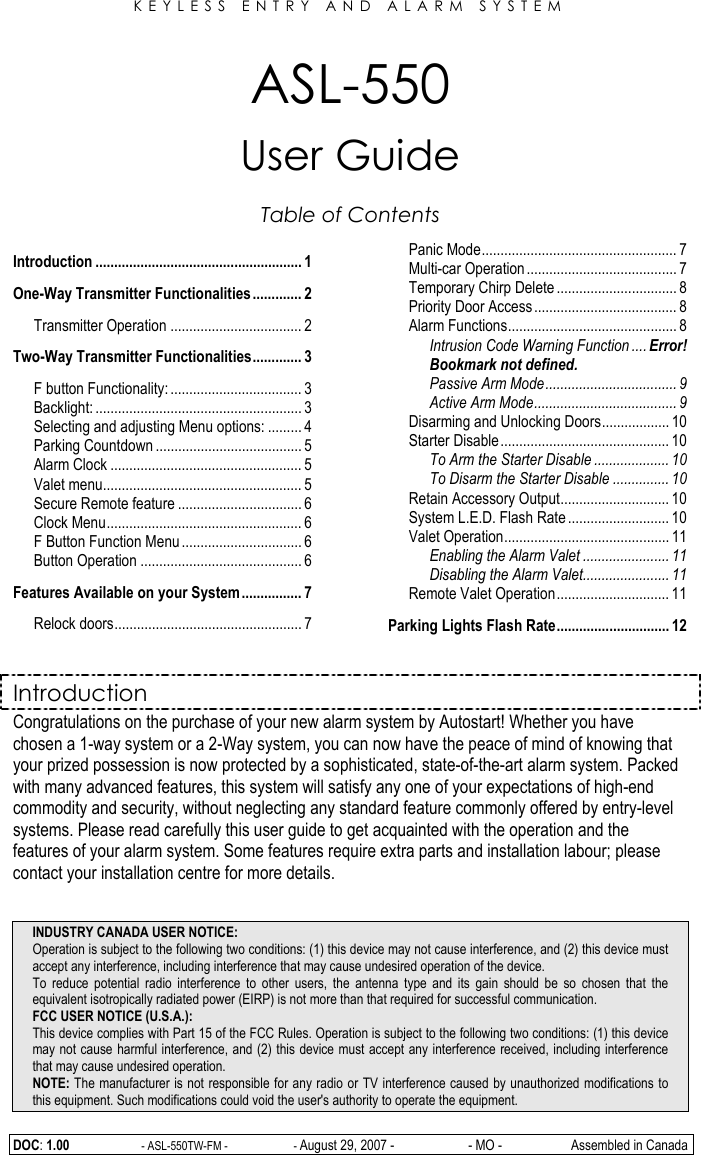Page 1 of 12 - Autostart Autostart-Keyless-Entry-And-Alarm-System-Asl-550-Users-Manual ASL-550TW-FM_ug_en_h100s200v100_070829