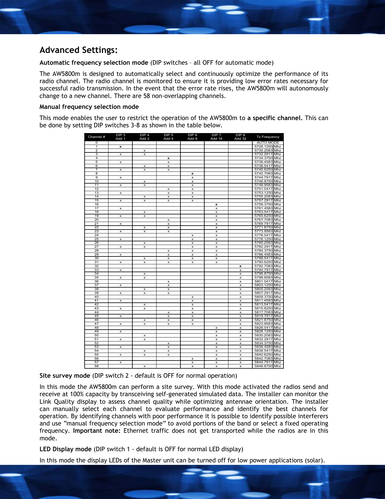  Advanced Settings:  Automatic frequency selection mode (DIP switches &ndash; all OFF for automatic mode) The AW5800m is designed to automatically select and continuously optimize the performance of its radio channel. The radio channel is monitored to ensure it is providing low error rates necessary for successful radio transmission. In the event that the error rate rises, the AW5800m will autonomously change to a new channel. There are 58 non-overlapping channels. Manual frequency selection mode  This mode enables the user to restrict the operation of the AW5800m to a specific channel. This can be done by setting DIP switches 3-8 as shown in the table below.  DIP 3 DIP 4 DIP 5 DIP 6 DIP 7 DIP 8Add 1 Add 2 Add 4 Add 8 Add 16 Add 3201x5728.1250 Mhz2 x 5730.2083 Mhz3 x x 5732.2917 Mhz4x5734.3750 Mhz5 x x 5736.4583 Mhz6 x x 5738.5417 Mhz7 x x x 5740.6250 Mhz8x5742.7083 Mhz9 x x 5744.7917 Mhz10 x x 5746.8750 Mhz11 x x x 5748.9583 Mhz12 x x 5751.0417 Mhz13 x x x 5753.1250 Mhz14 x x x 5755.2083 Mhz15 x x x x 5757.2917 Mhz16 x5759.3750 Mhz17 x x 5761.4583 Mhz18 x x 5763.5417 Mhz19 x x x 5765.6250 Mhz20 x x 5767.7083 Mhz21 x x x 5769.7917 Mhz22 x x x 5771.8750 Mhz23 x x x x 5773.9583 Mhz24 x x 5776.0417 Mhz25 x x x 5778.1250 Mhz26 x x x 5780.2083 Mhz27 x x x x 5782.2917 Mhz28 x x x 5784.3750 Mhz29 x x x x 5786.4583 Mhz30 x x x x 5788.5417 Mhz31 x x x x x 5790.6250 Mhz32 x5792.7083 Mhz33 x x 5794.7917 Mhz34 x x 5796.8750 Mhz35 x x x 5798.9583 Mhz36 x x 5801.0417 Mhz37 x x x 5803.1250 Mhz38 x x x 5805.2083 Mhz39 x x x x 5807.2917 Mhz40 x x 5809.3750 Mhz41 x x x 5811.4583 Mhz42 x x x 5813.5417 Mhz43 x x x x 5815.6250 Mhz44 x x x 5817.7083 Mhz45 x x x x 5819.7917 Mhz46 x x x x 5821.8750 Mhz47 x x x x x 5823.9583 Mhz48 x x 5826.0417 Mhz49 x x x 5828.1250 Mhz50 x x x 5830.2083 Mhz51 x x x x 5832.2917 Mhz52 x x x 5834.3750 Mhz53 x x x x 5836.4583 Mhz54 x x x x 5838.5417 Mhz55 x x x x x 5840.6250 Mhz56 x x x 5842.7083 Mhz57 x x x x 5844.7917 Mhz58 x x x x 5846.8750 MhzAUTO MODEChannel # Tx Frequency Site survey mode (DIP switch 2 - default is OFF for normal operation) In this mode the AW5800m can perform a site survey. With this mode activated the radios send and receive at 100% capacity by transceiving self-generated simulated data. The installer can monitor the Link Quality display to assess channel quality while optimizing antennae orientation. The installer can manually select each channel to evaluate performance and identify the best channels for operation. By identifying channels with poor performance it is possible to identify possible interferers and use &ldquo;manual frequency selection mode&rdquo; to avoid portions of the band or select a fixed operating frequency.  Important note: Ethernet traffic does not get transported while the radios are in this mode. LED Display mode (DIP switch 1 - default is OFF for normal LED display) In this mode the display LEDs of the Master unit can be turned off for low power applications (solar). 