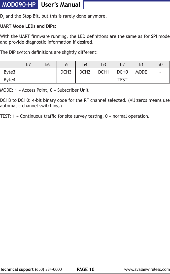 MOD090-HP User&rsquo;s ManualPAGE 10Technical support (650) 384-0000 www.avalanwireless.comD7 and the Stop Bit, but this is rarely done anymore.UART Mode LEDs and DIPs:With the UART rmware running, the LED denitions are the same as for SPI mode and provide diagnostic information if desired.The DIP switch denitions are slightly different:b7 b6 b5 b4 b3 b2 b1 b0Byte3 DCH3 DCH2 DCH1 DCH0 MODE -Byte4 TESTMODE: 1 = Access Point, 0 = Subscriber UnitDCH3 to DCH0: 4-bit binary code for the RF channel selected. (All zeros means use automatic channel switching.)TEST: 1 = Continuous trafc for site survey testing, 0 = normal operation.